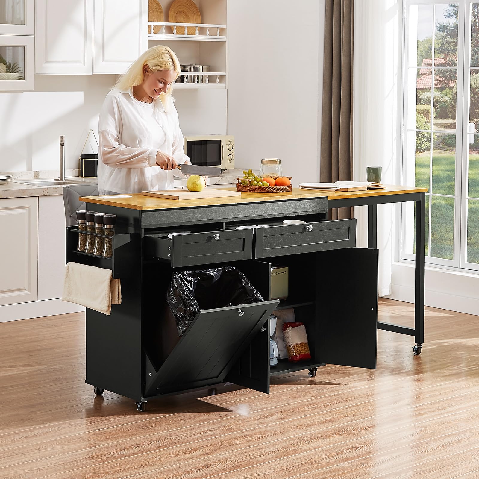 Kitchen Islands with Extendable Dining Table, 81.7" Mobile Kitchen Storage Islands