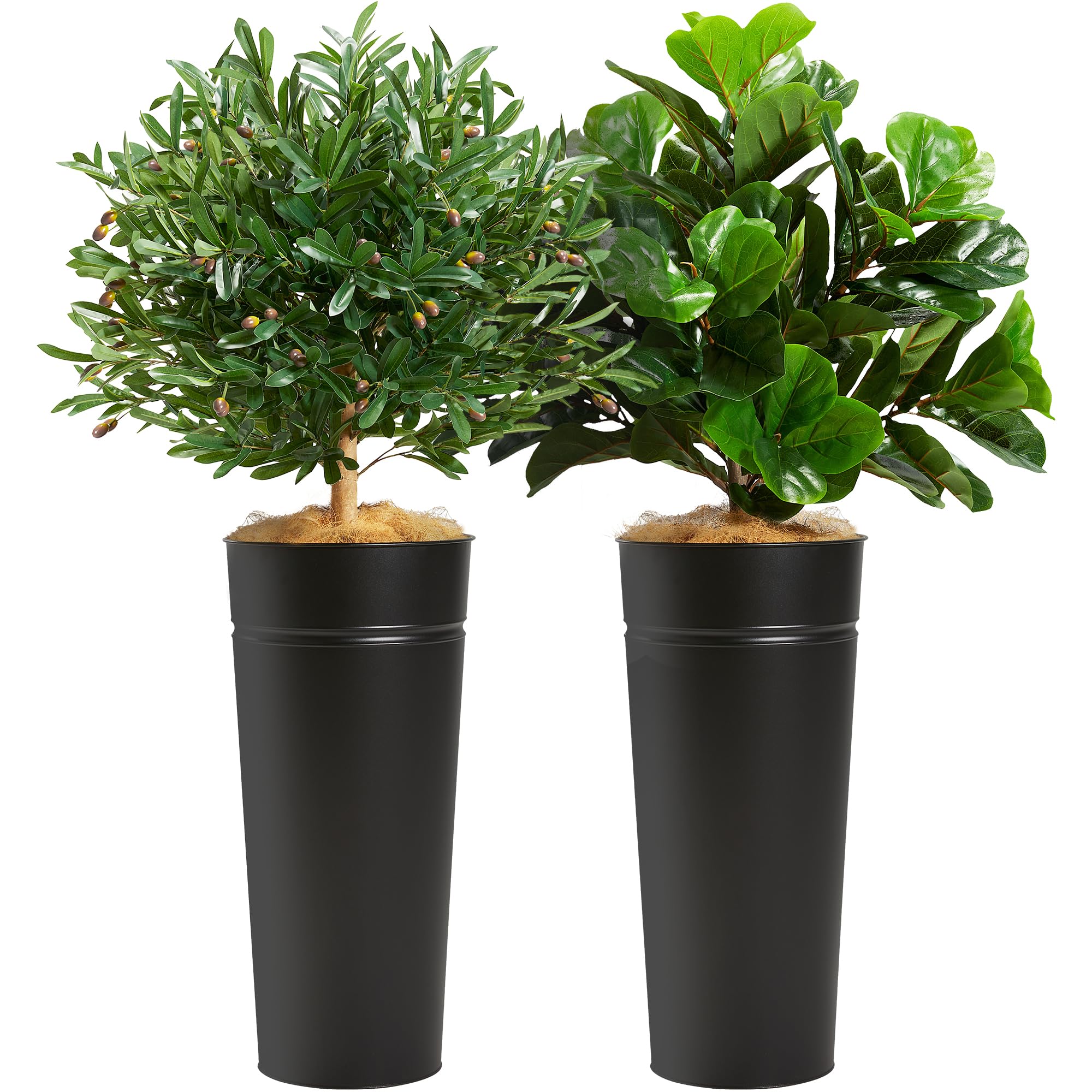 28" Black Metal Planter Combo Set with Artificial Olive Tree & Fiddle Leaf Fig Tree