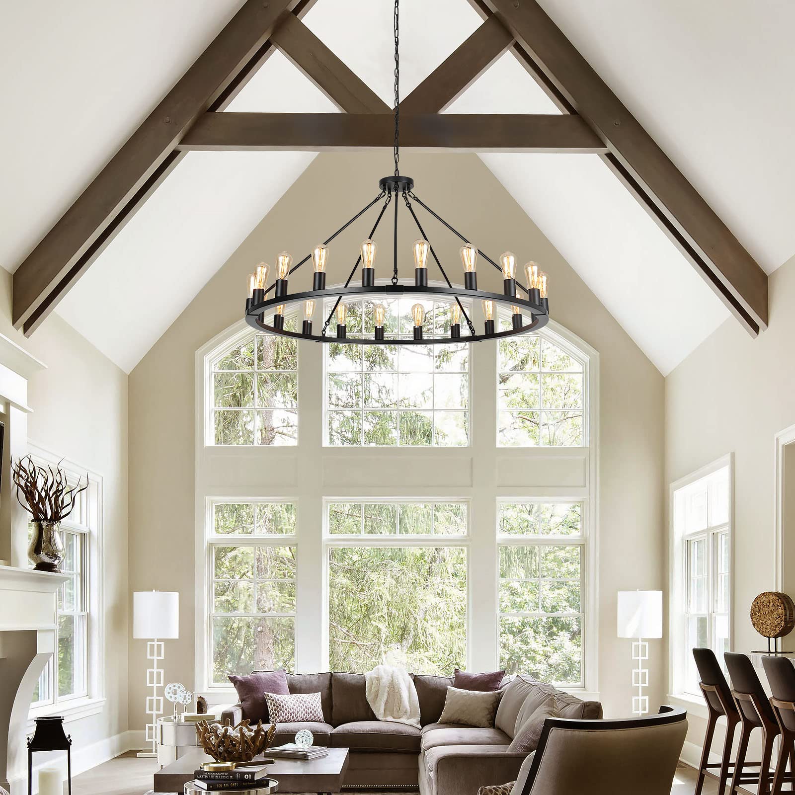 Wagon Wheel Chandelier, Large Black Farmhouse Chandelier for Dining Room Light Fixture