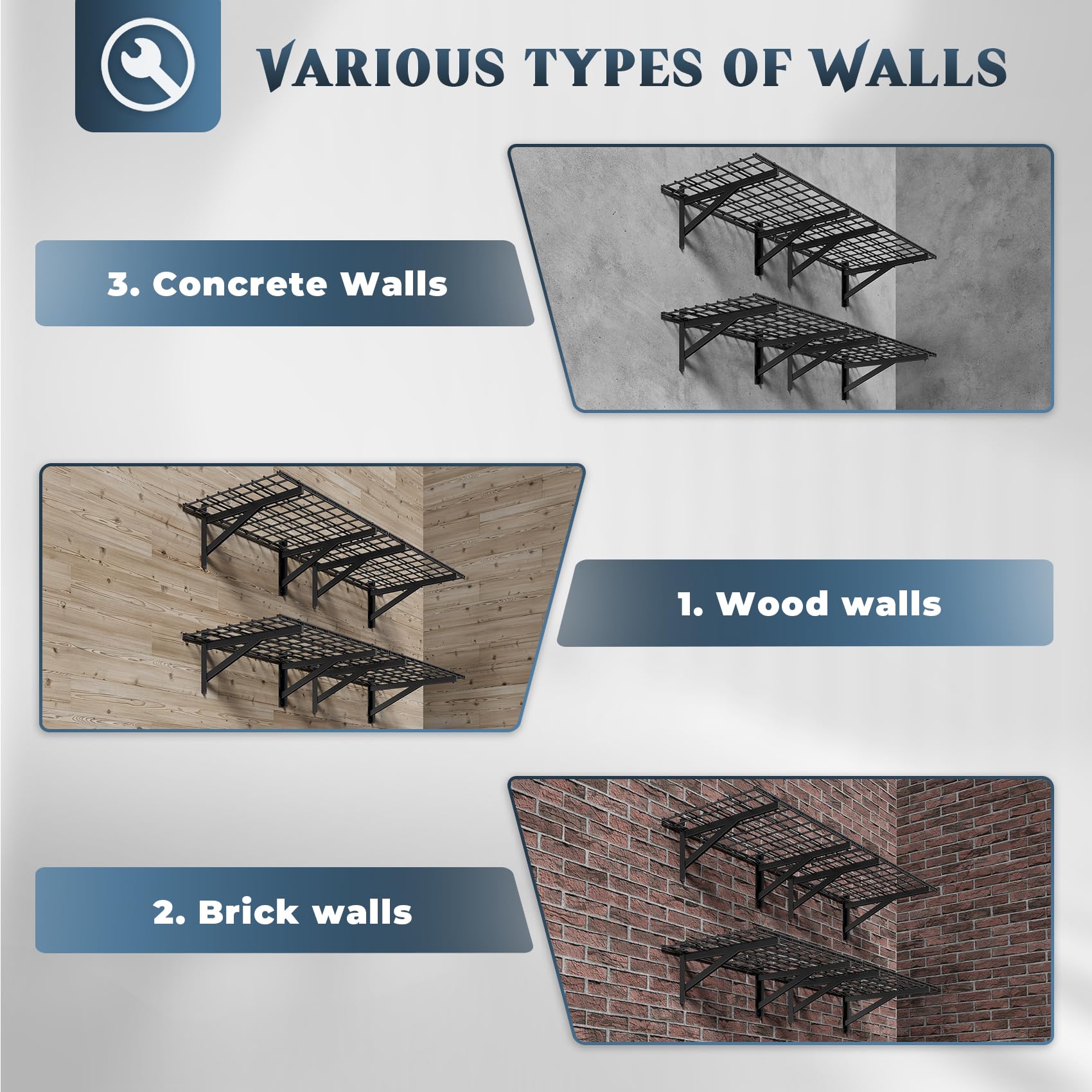 Jusgym 4 Pack Heavy Duty Garage Wall Shelving Set (2x3ft), Wall Mounted Garage Shelves 1000lbs Capacity, 24"x72" Wall Shelf Storage Rack Floating Shelves, Black