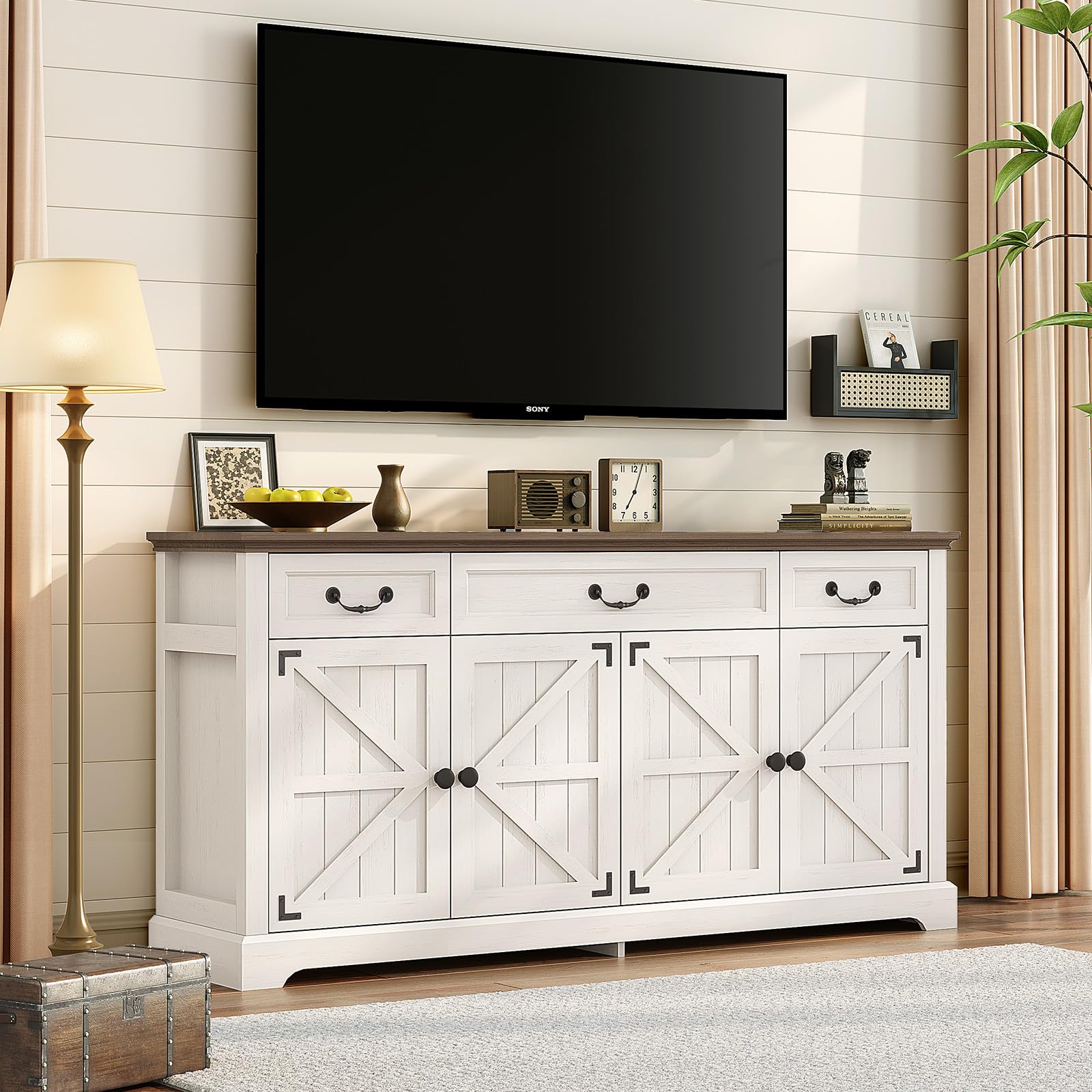 Vipbear 65" Large Sideboard Buffet Cabinet, Farmhouse Kitchen Sideboard Cabinet Buffet with Storage 3 Drawers & 4 Doors, Coffee Wine Bar Cabinet with Storage for Living Room, Kitchen, White