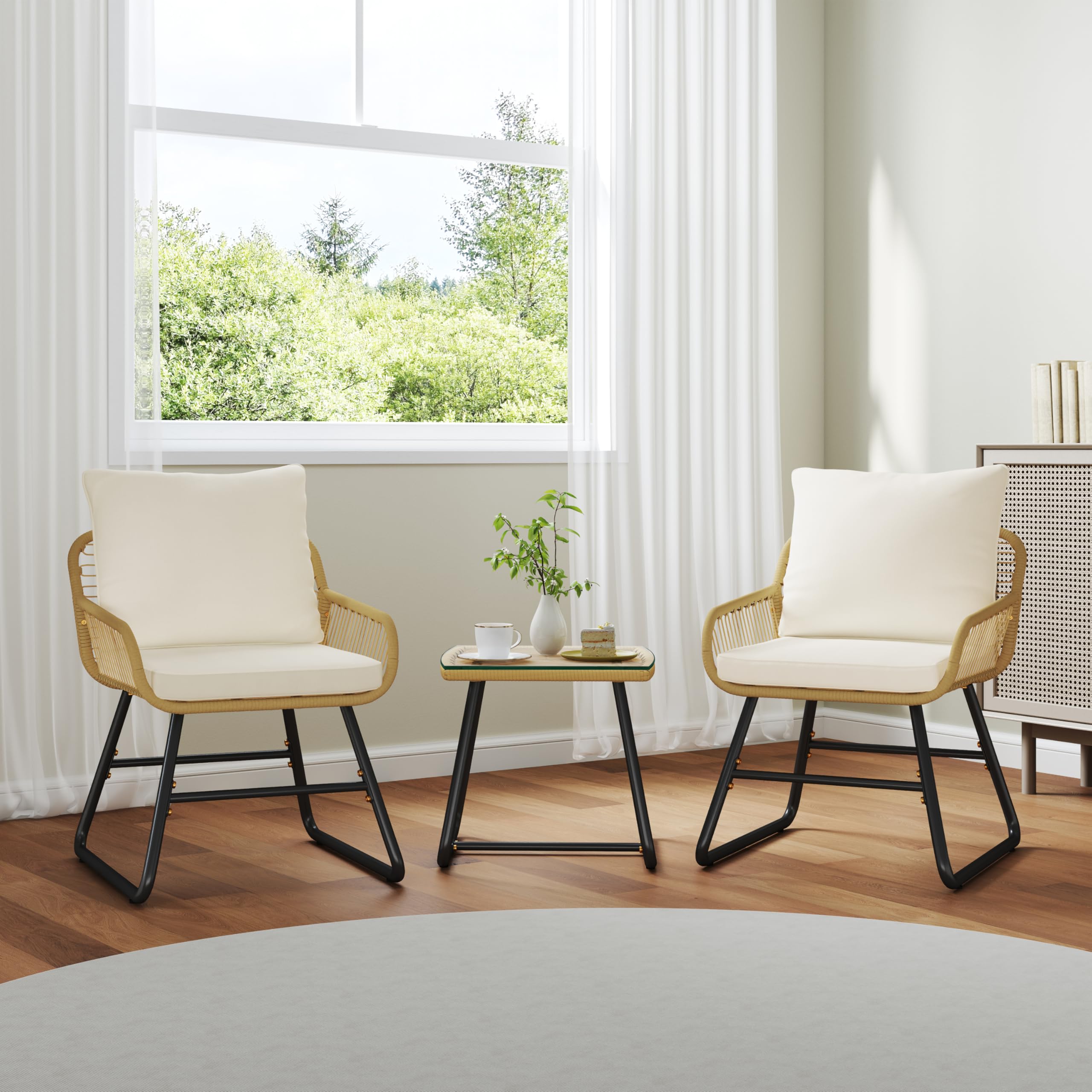 3 Piece Patio Bistro Set Outdoor Wicker Bistro Furniture Sets, 2 Rattan Chairs and Glass