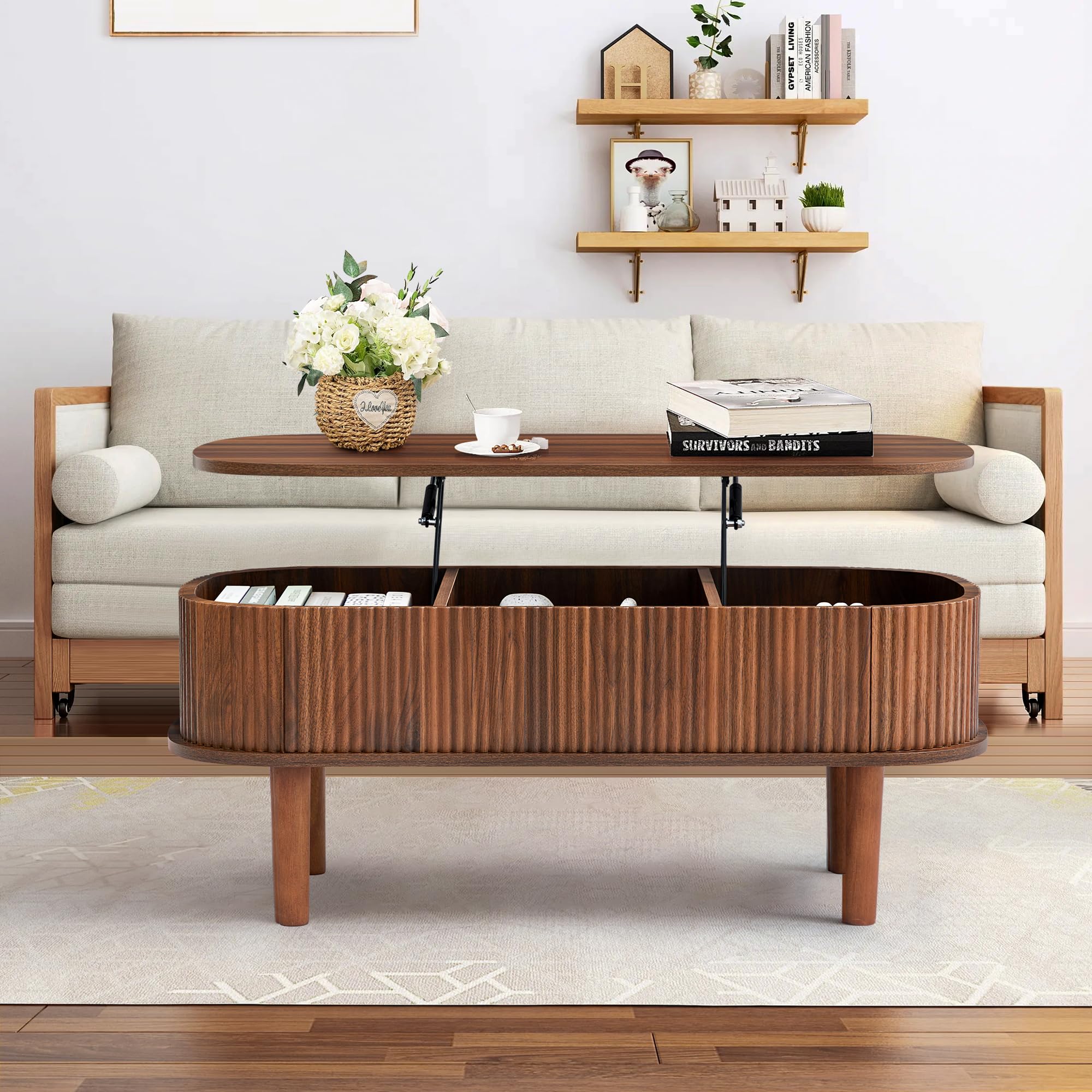 Fluted Lift Top Coffee Table with Hidden Compartment, Fully Assembled Wooden Center
