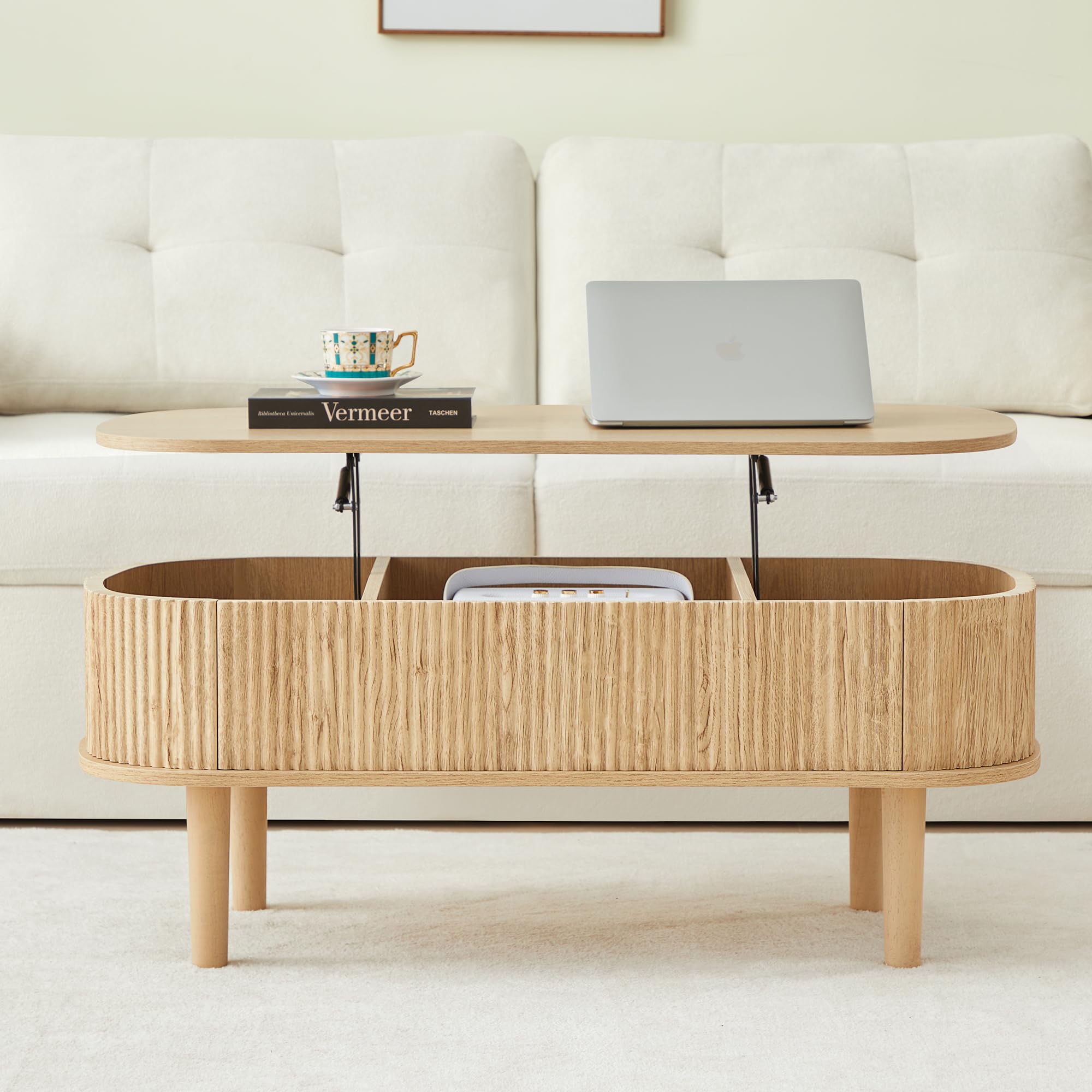 Fluted Lift Top Coffee Table with Hidden Compartment, Fully Assembled Wooden Center