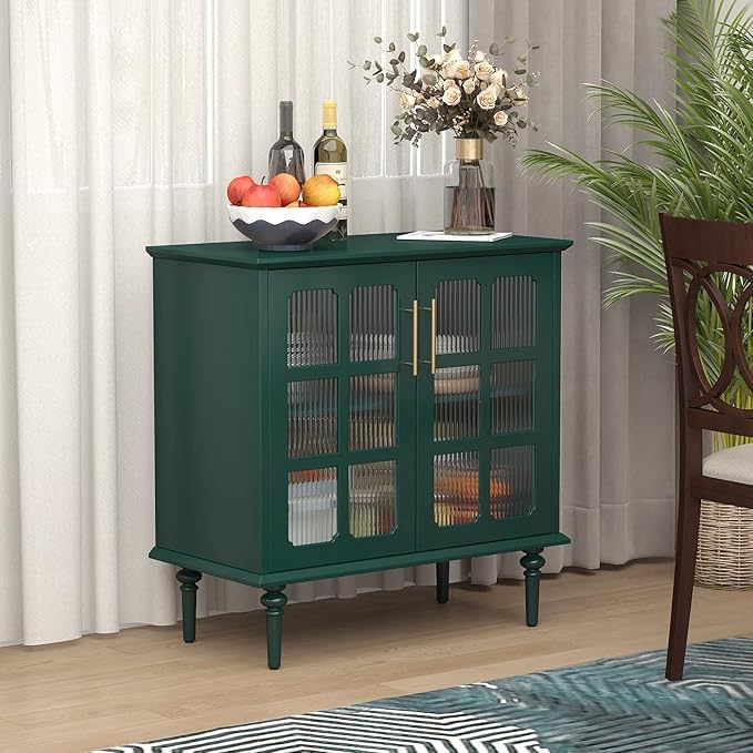 Vintage Buffet Cabinet with 4 Lattice Glass Door, Wooden Accent Cabinet