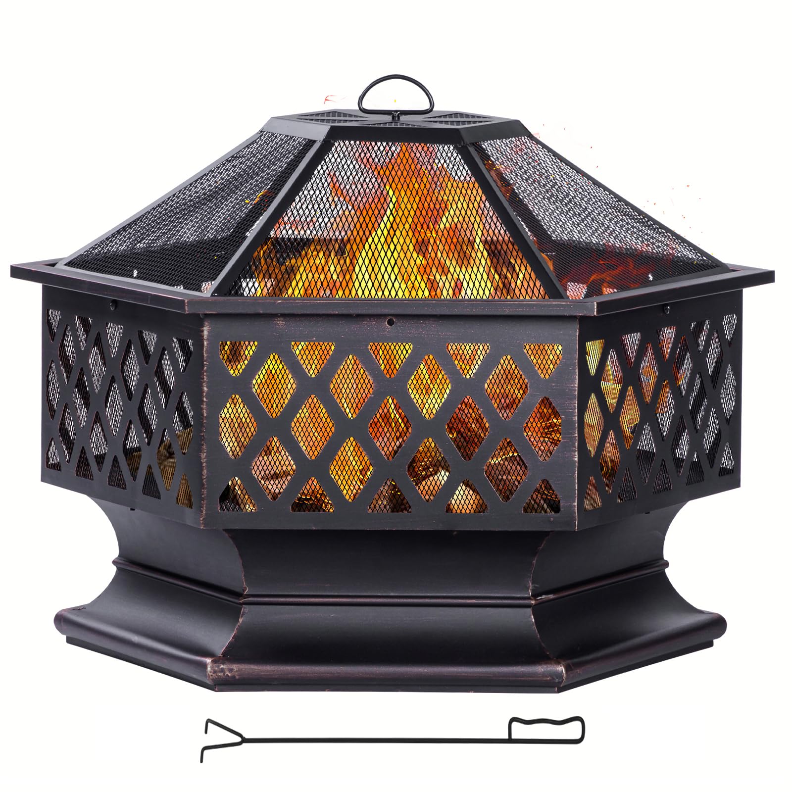 33 Inch Outdoor Fire Pit, Hexagon Shaped Wood Burning Firepit for Outside Bonfire