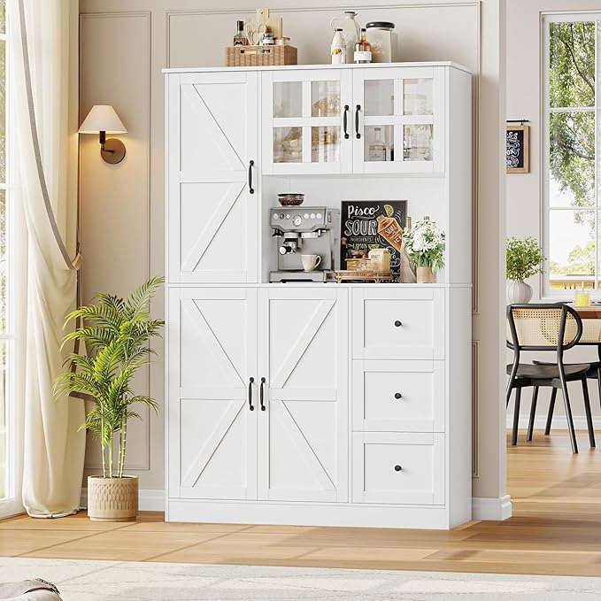 Farmhouse Pantry Cabinet, Kitchen Pantry Storage Cabinet with Microwave Stand