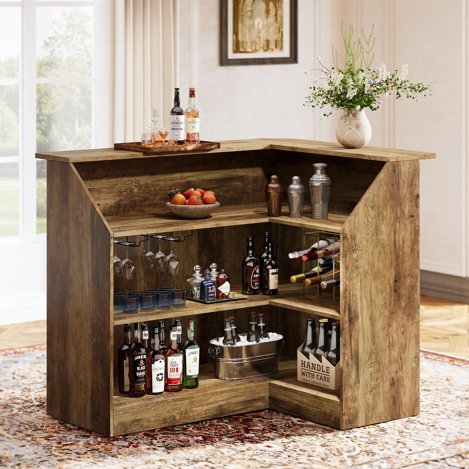 Bar Cabinet, L-Shaped Home Bar Table with Stemware Racks, 4-Tier Corner Bar