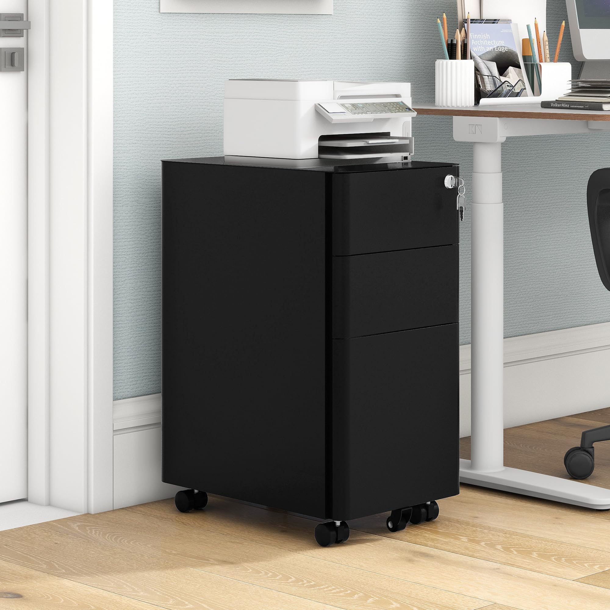 3-Drawer Vertical File Cabinet, Mobile Filing Cabinet with Lockable