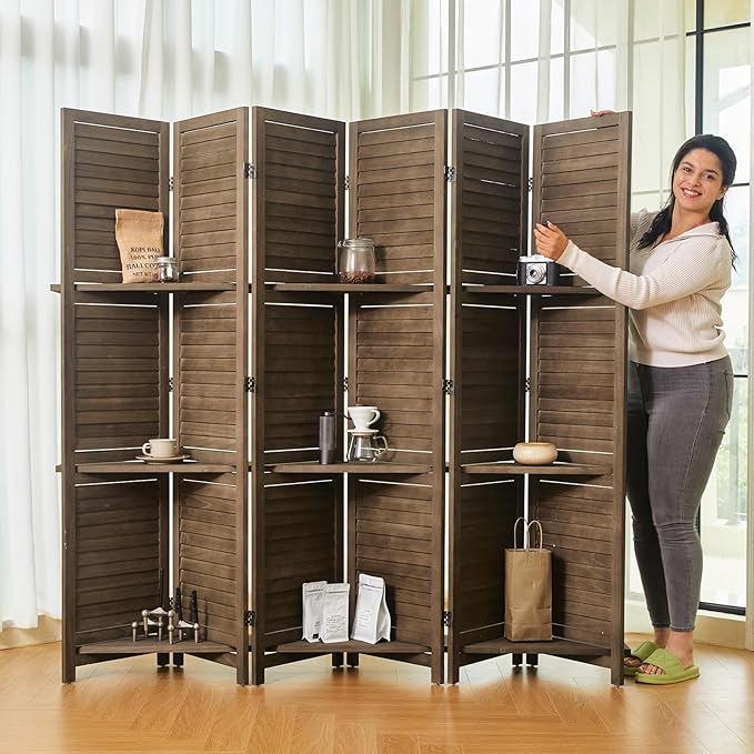 Room Divider with Shelves, 68.9inch Wood Carved and Louvered Wall Divider