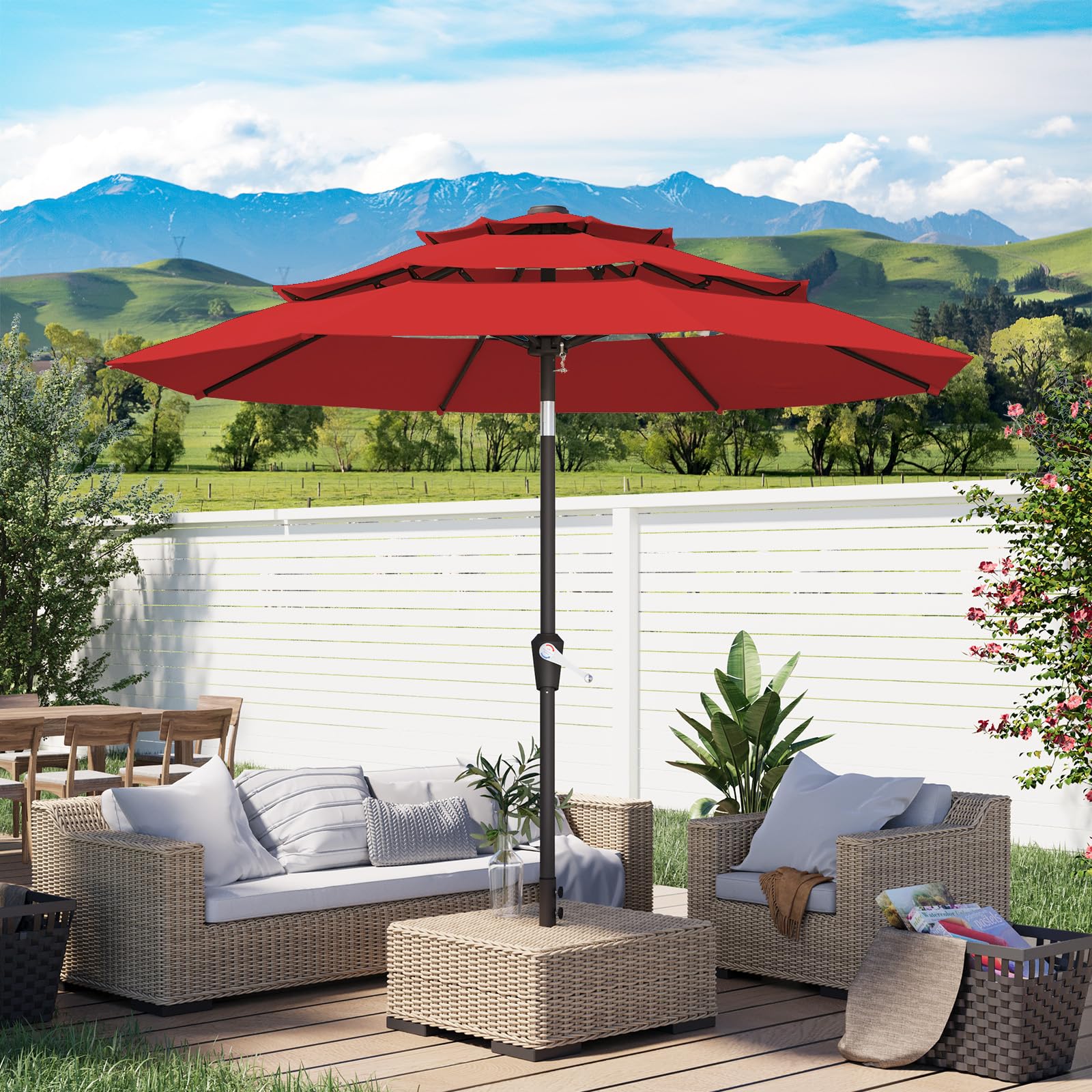 9FT 3 Tiers Patio Umbrella with Push Button Tilt/Crank, Outdoor Market Umbrella