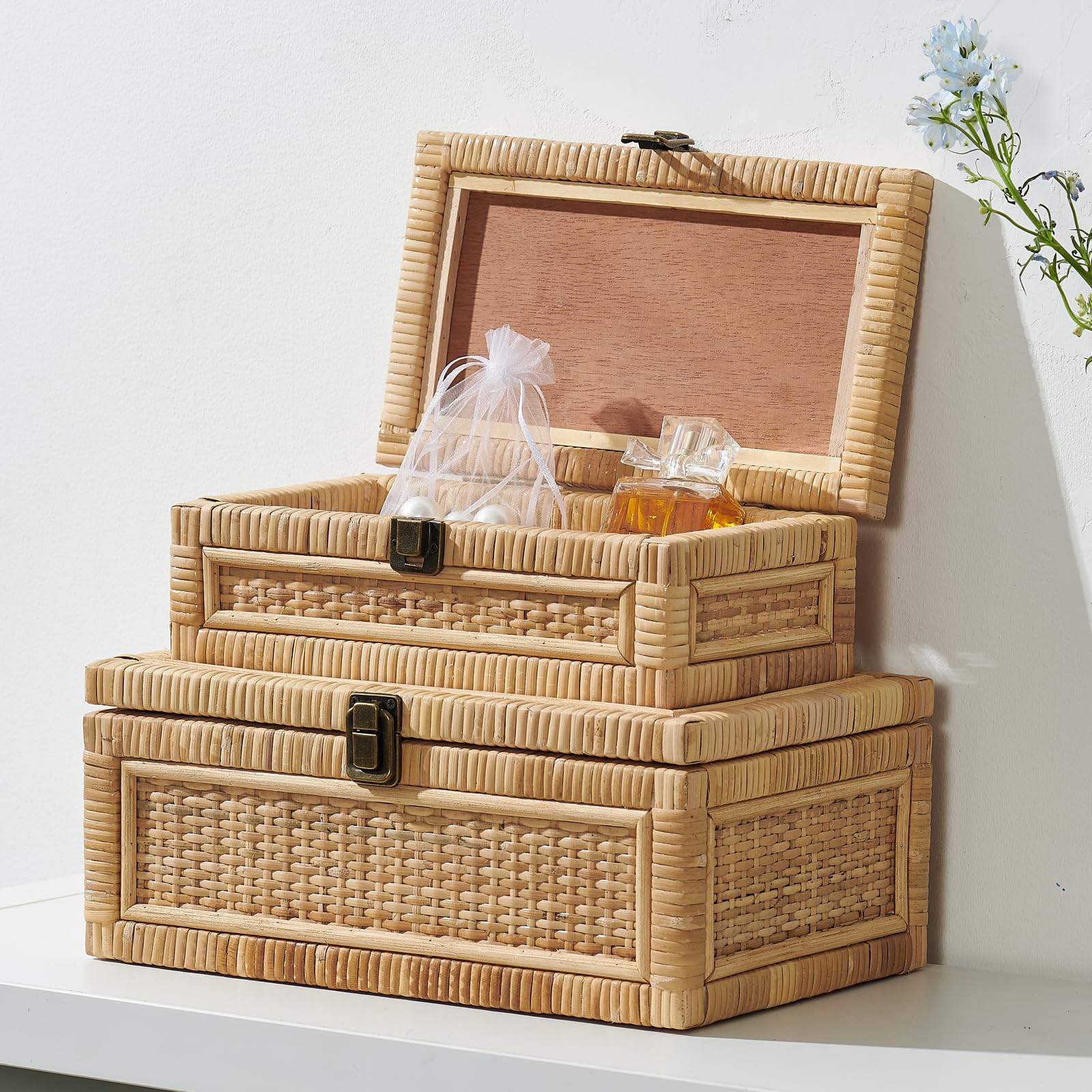 Rattan Box with Lid Decorative Natural Handmade Boho Rattan Baskets Woven