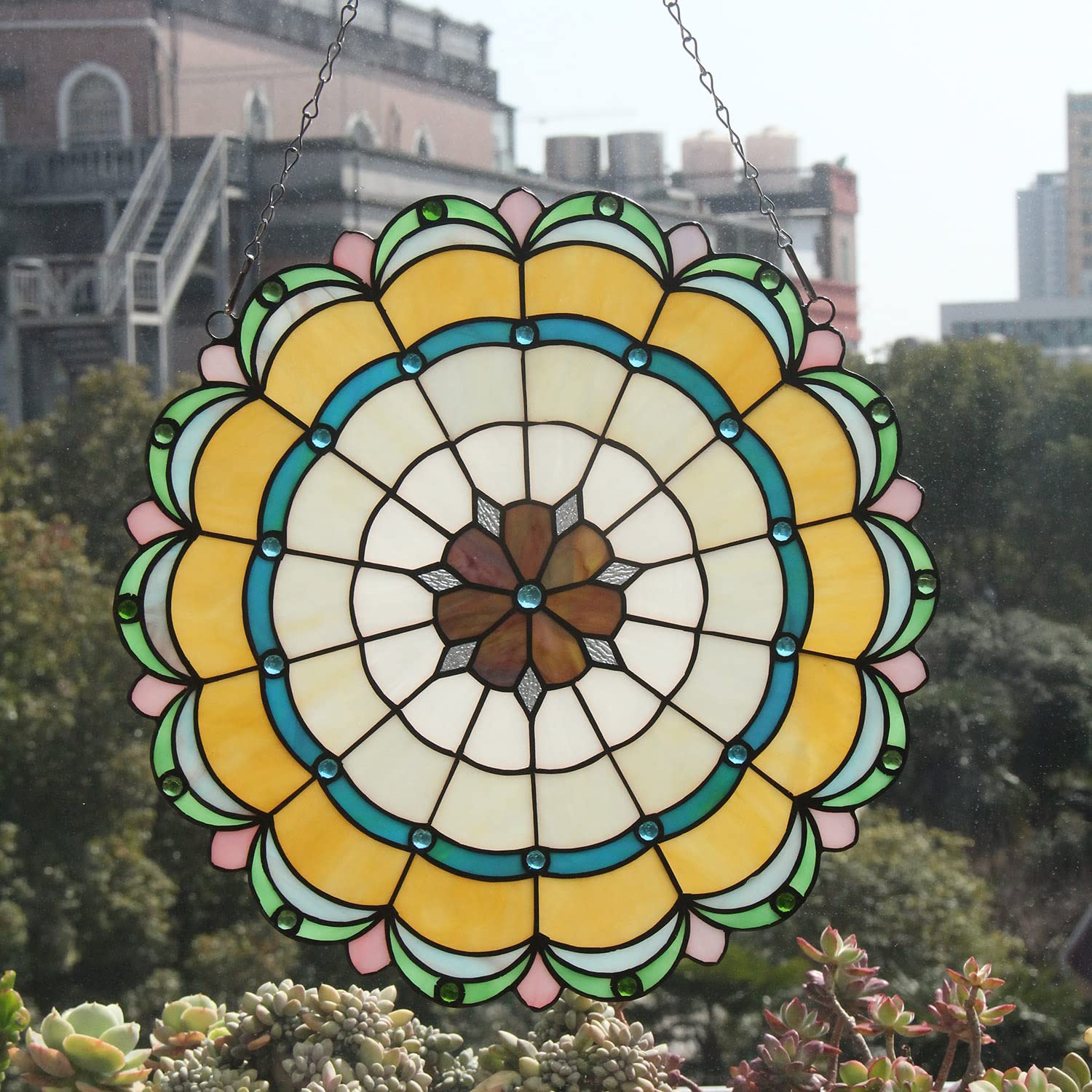 16 Inch Round Stained Glass Window Hanging Panel Tiffany Style Ornament Handmade