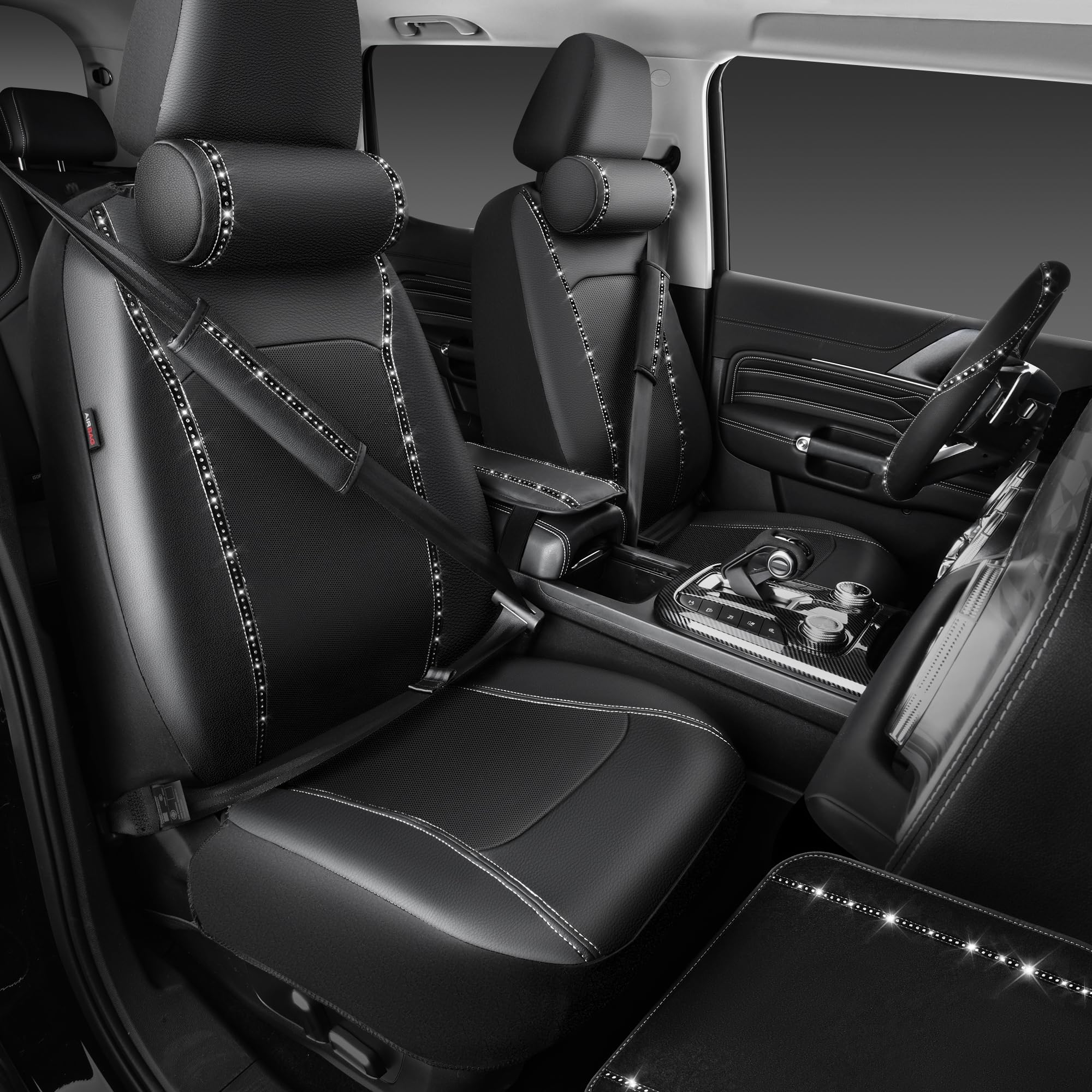 14 PCS Bling Diamond Car Accessories Set for Women, Leather Seat Covers