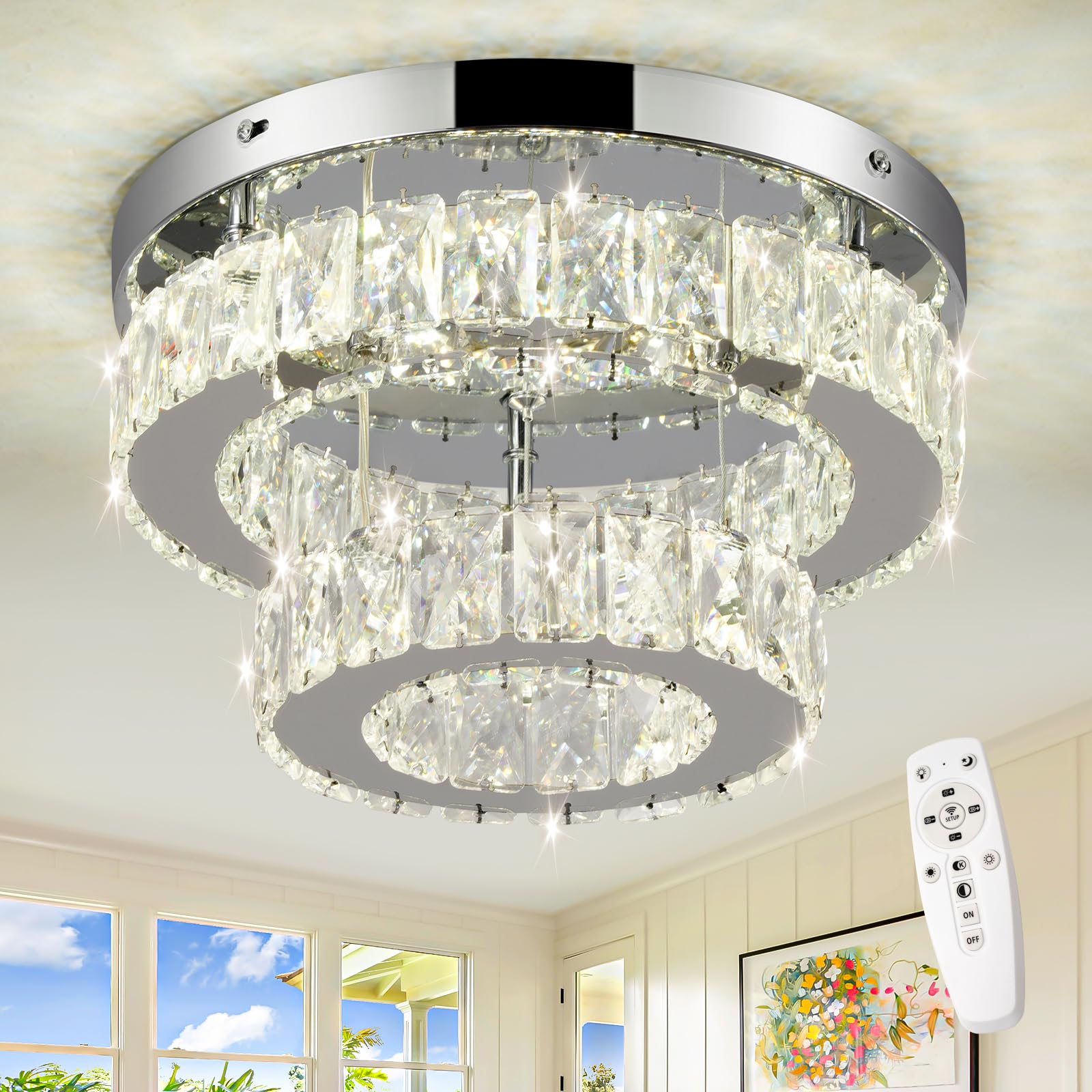 11.8 inch Dimmable Flush Mount Ceiling Light Crystals Chandelier