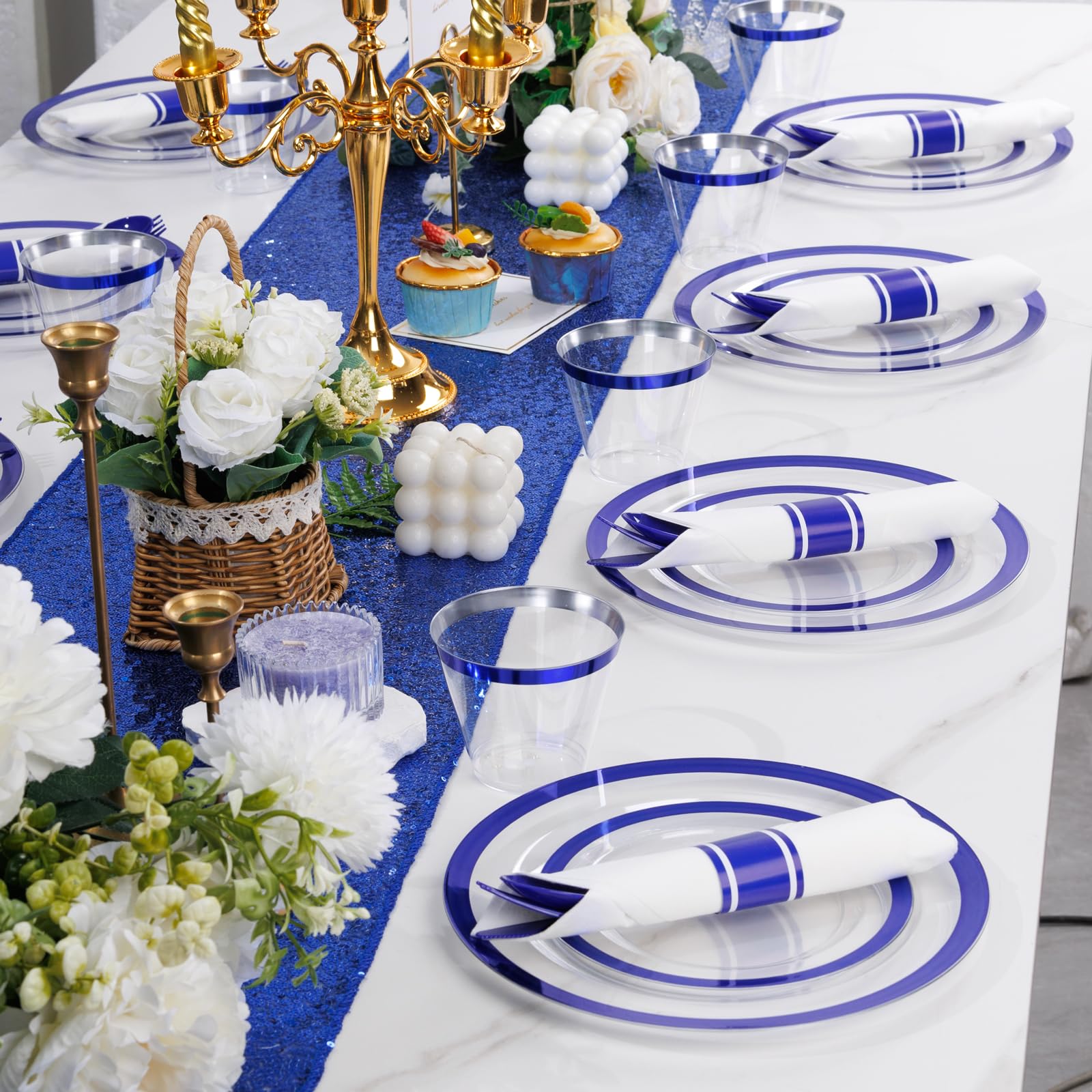 350PCS Blue Plastic Plates - Clear with Blue Trim for 50Guests