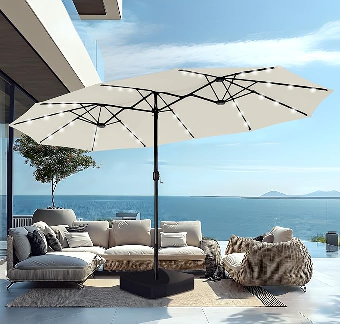 15ft Large Patio Umbrella with Solar Lights, Double-Sided Outdoor Market Rectangle