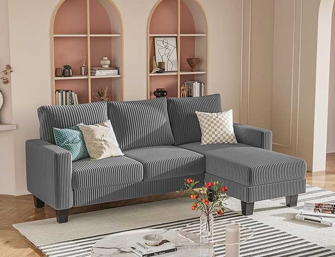 Sofa for Living Room, Couch with Convertible Chaise, 3 Seat L-Shaped Sofas