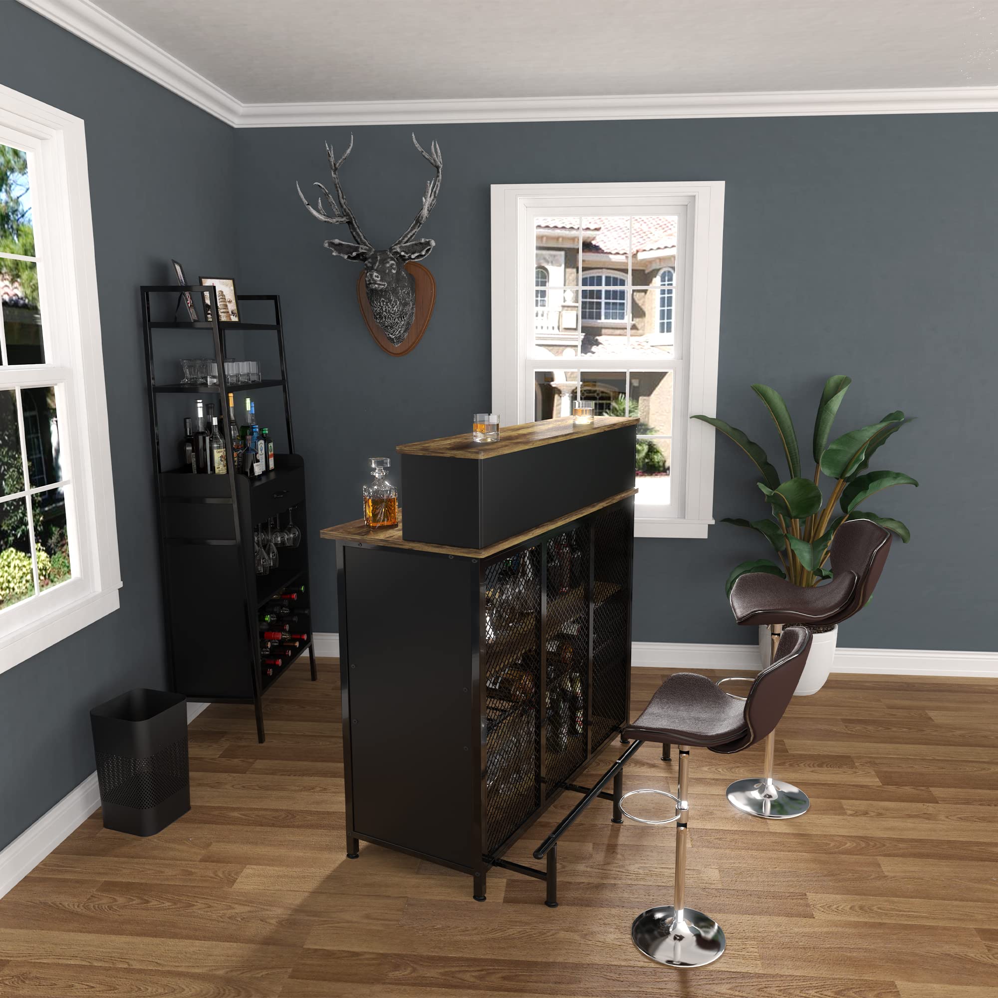 Home Bar Unit Mini Bar Liquor Cabinet with Storage and Footrest for Home Kitchen Pub