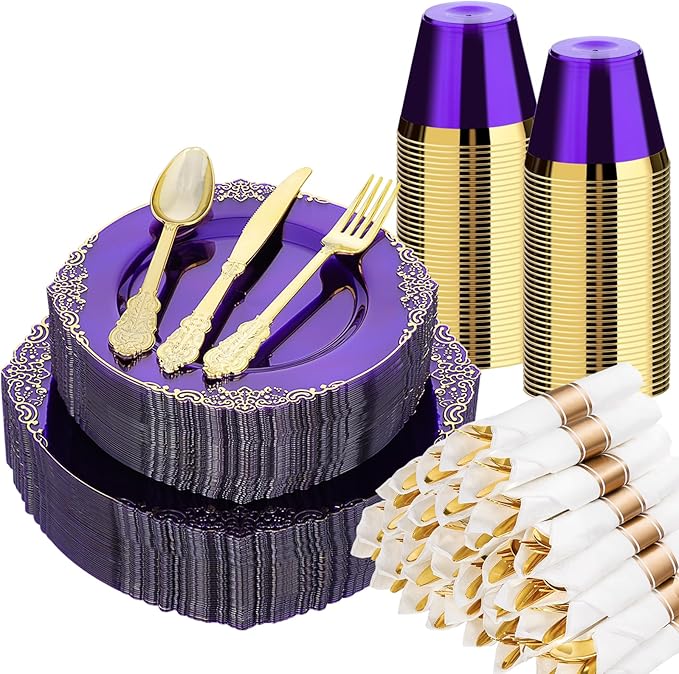 350 PCS Blue and Gold Plastic Plates, Disposable Dinnerware Set for 50 Guests