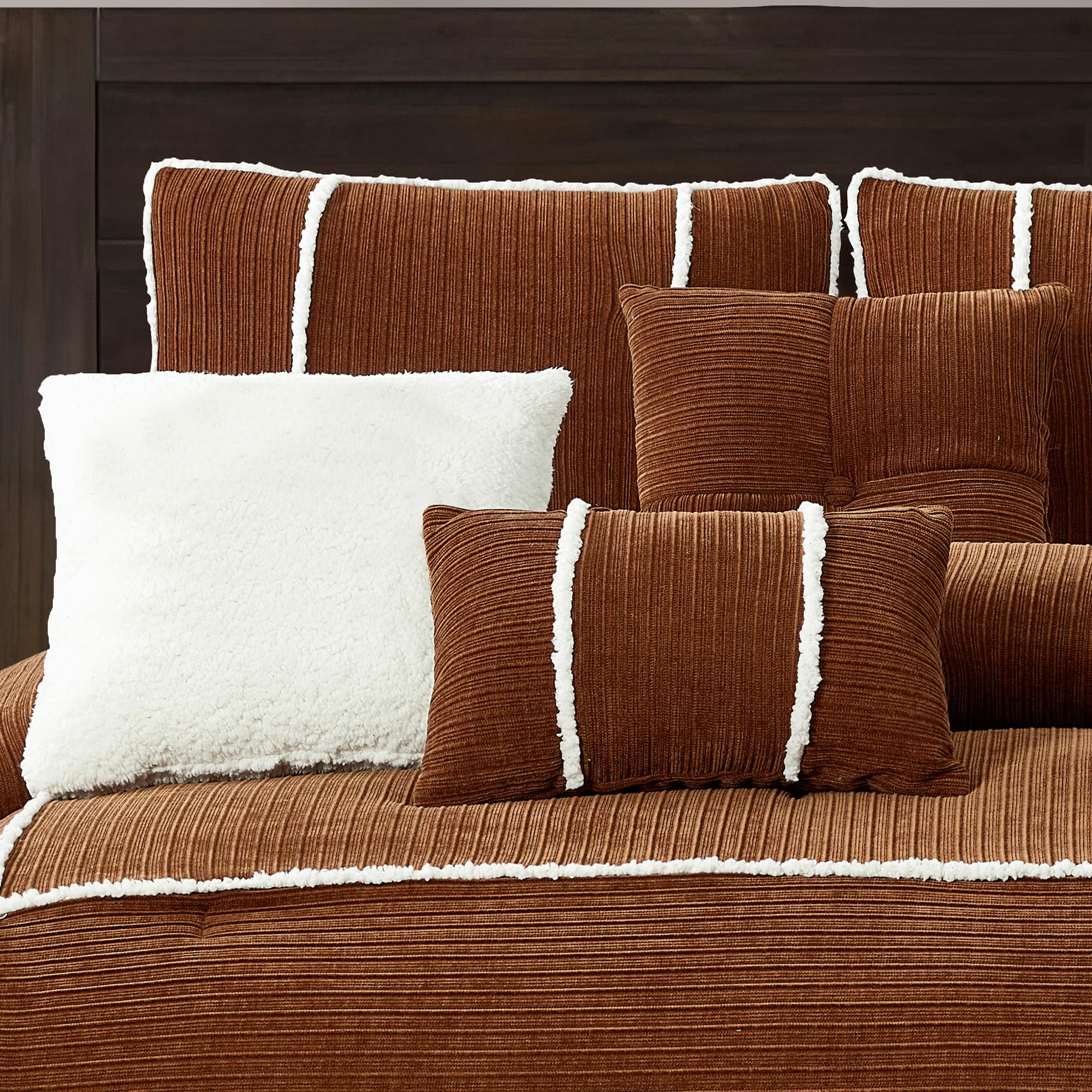 7 Piece Comforter Set Queen, Rust, Bed in a Bag, Corduroy Textured Bedding Set