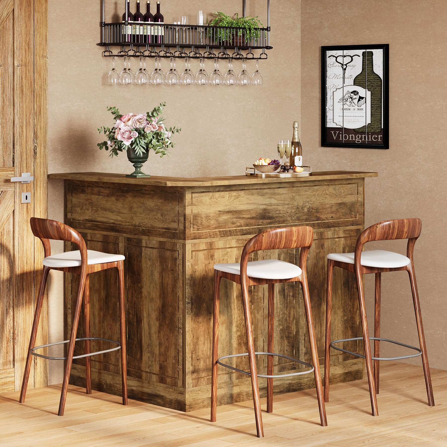 Bar Cabinet, L-Shaped Home Bar Table with Stemware Racks, 4-Tier Corner Bar