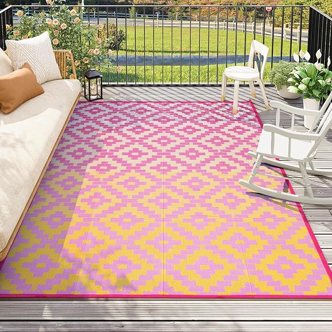 Ombre Outdoor Area Rugs 8x10 Waterproof, Reversible Plastic Straw Outside Rug