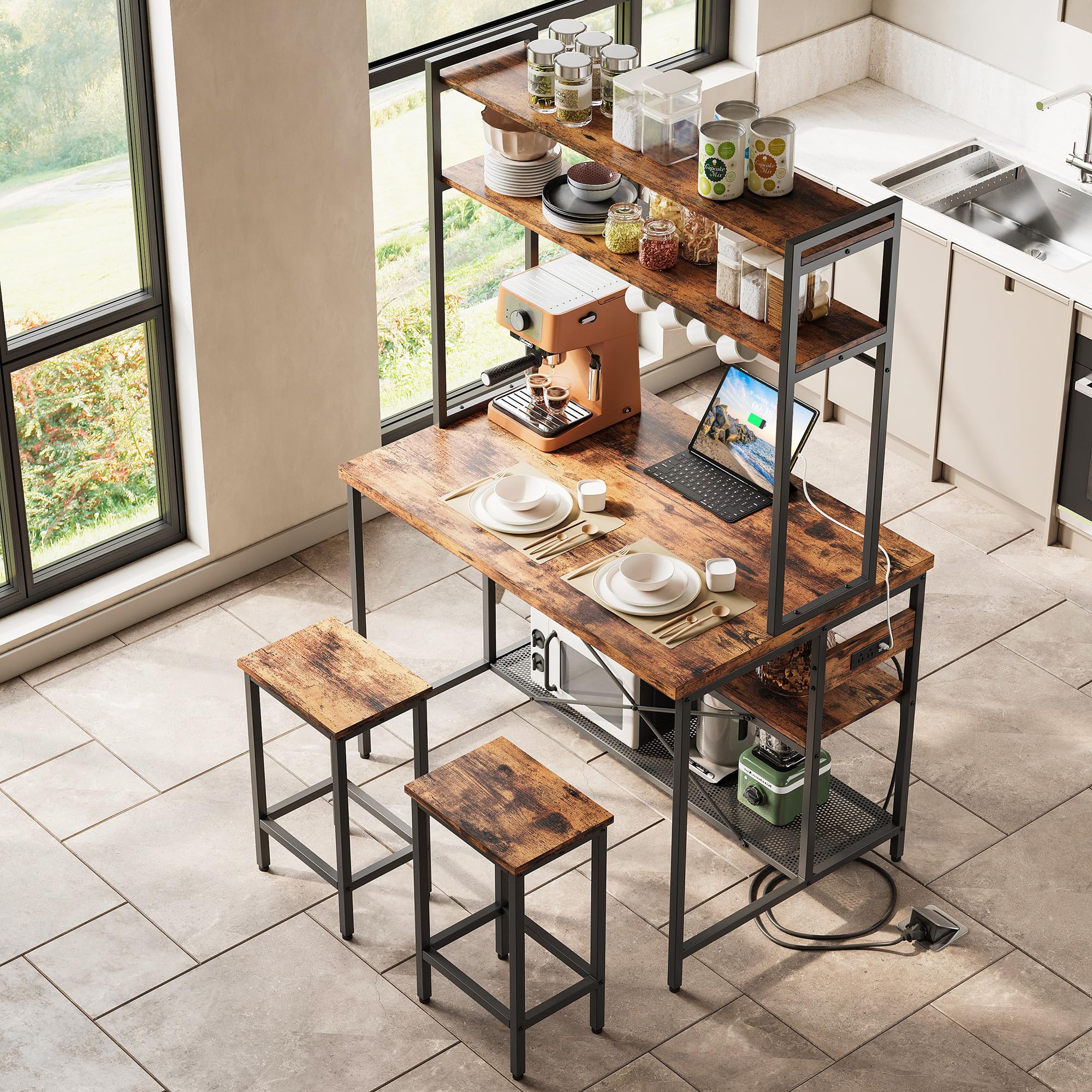 Kitchen Island with Stools, Dining Table Set with Storage and Power Outlet