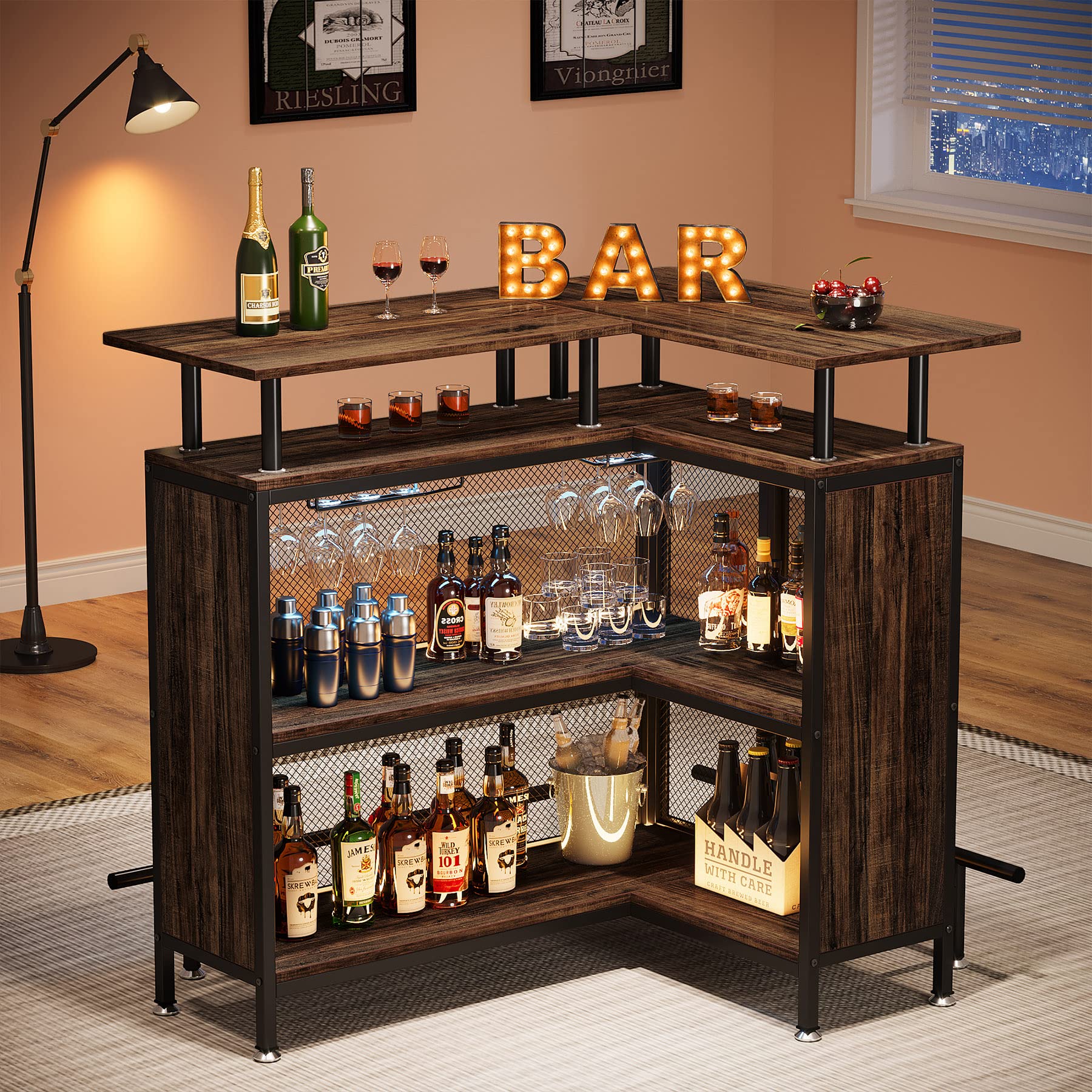 Home Bar Unit, L-Shaped Bar Table with Stemware Racks and 2-Tier Shelves