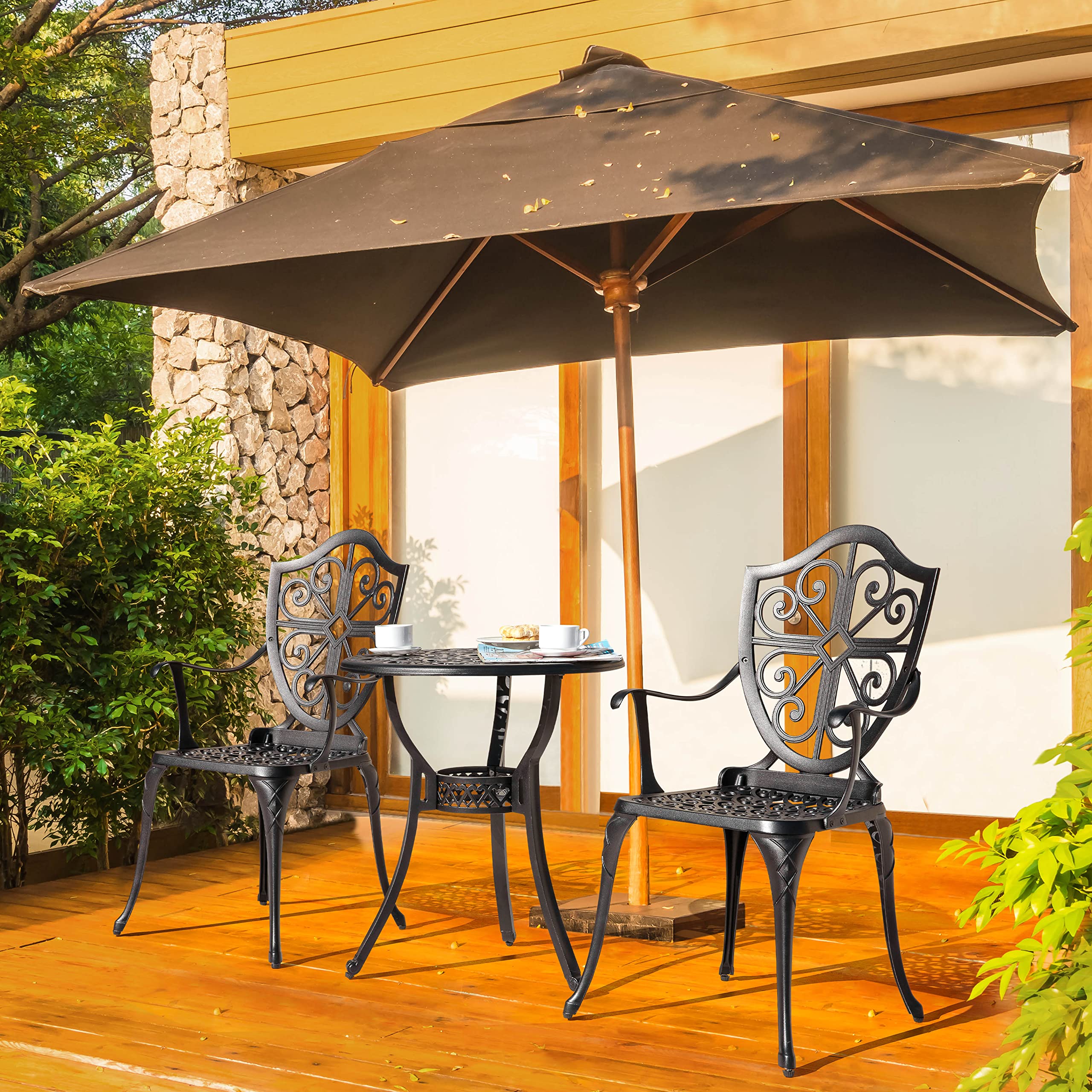 Bistro Set 3 Piece Outdoor, Cast Aluminum Patio Bistro Sets with Umbrella Hole