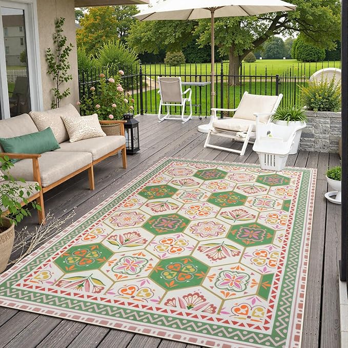 Large Outdoor Rug 8x10, Floral Indoor Outdoor Patio Rug