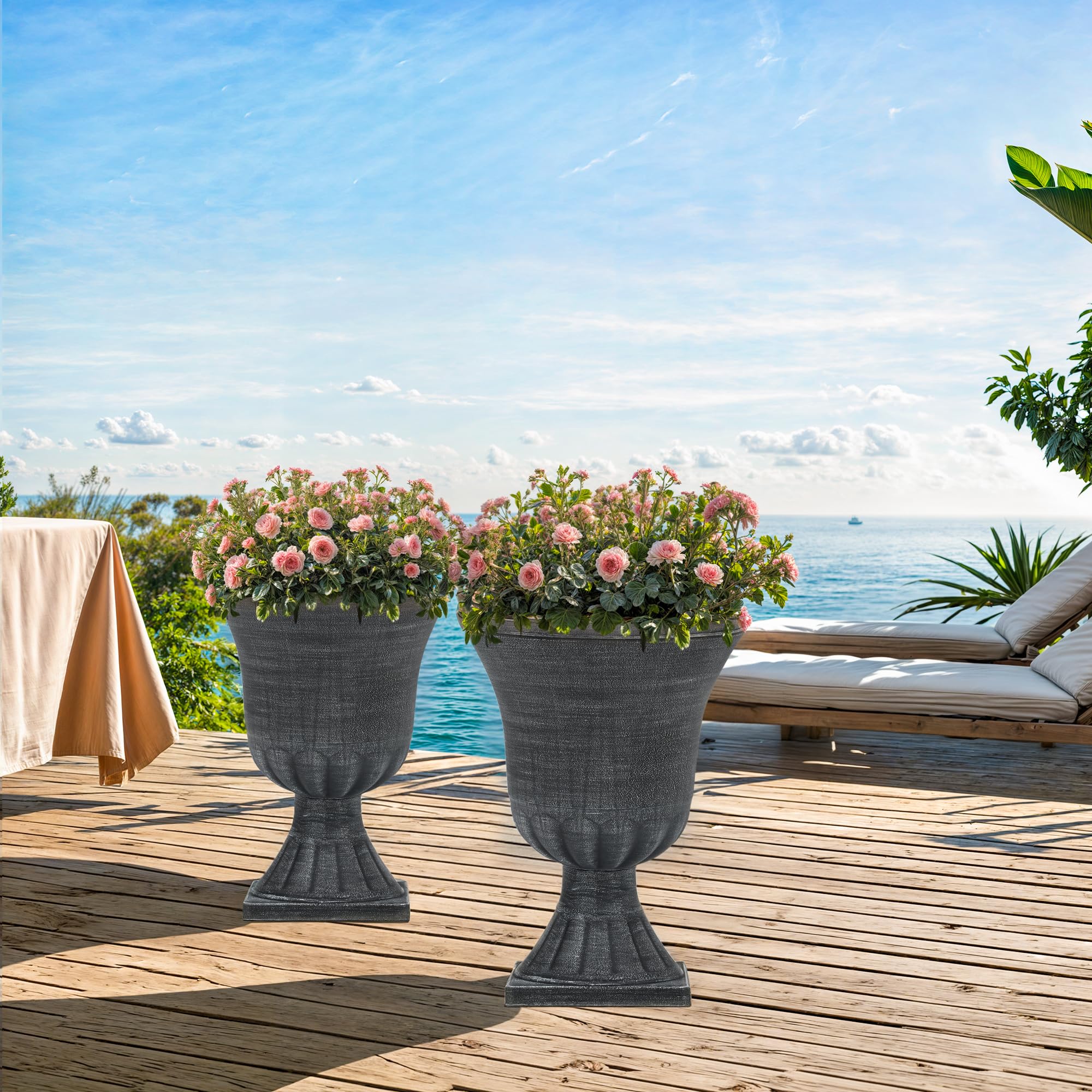 22" Large Urn Planters for Outdoor Plants, Set of 2 Plastic Flower Pot with Handmade