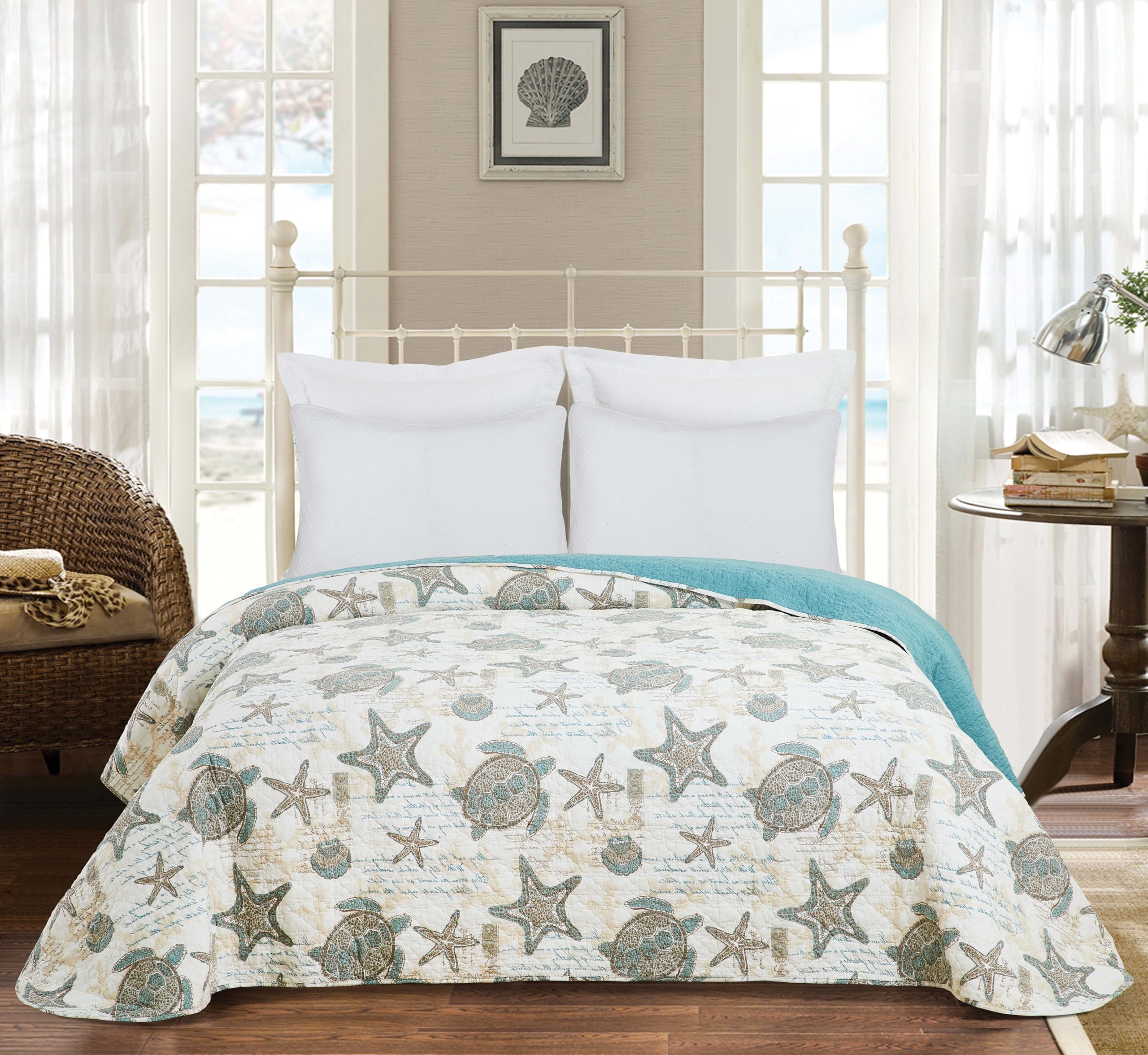 Amber Sands King 3 Piece Quilt Set Summer Beach Ocean Coastal Starfish Seaturtle