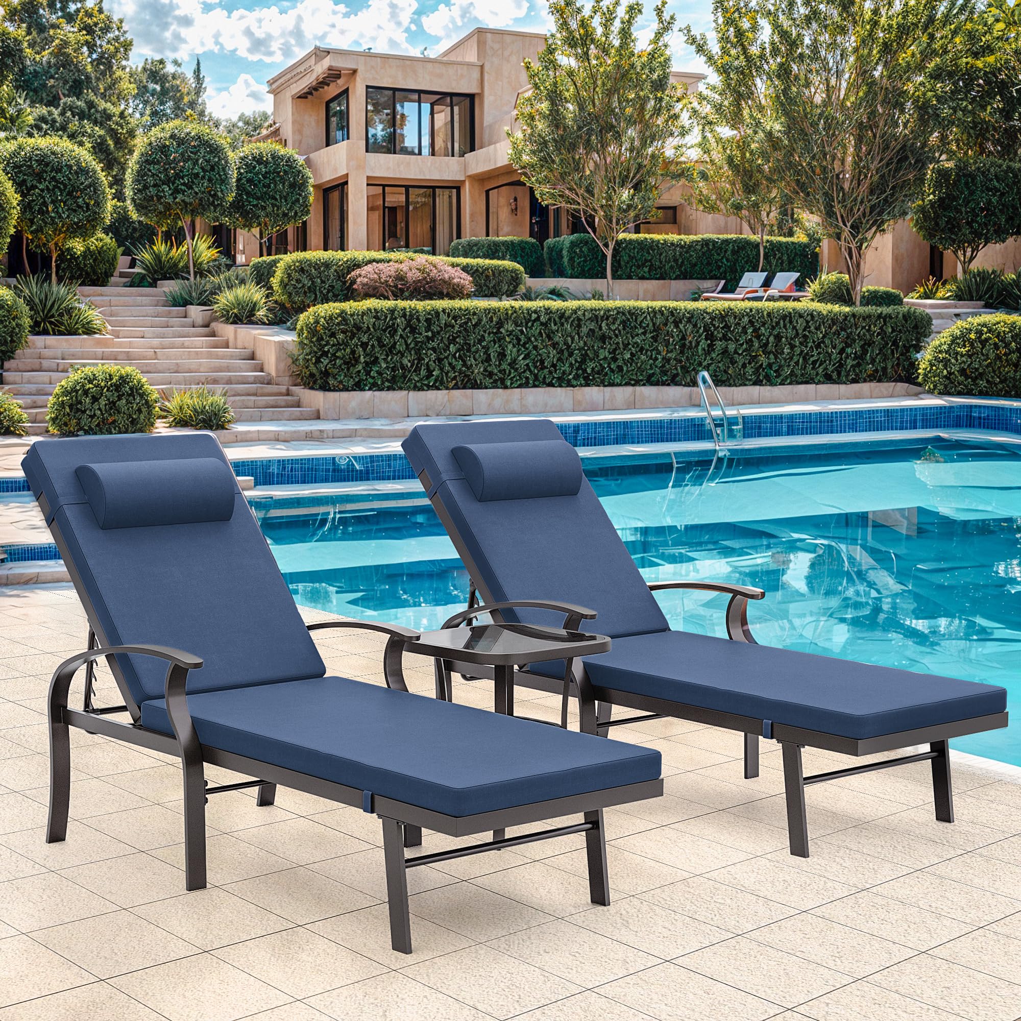 3 Pieces Patio Chaise Lounger,Aluminum Outdoor Loungers with Adjustable Backrest