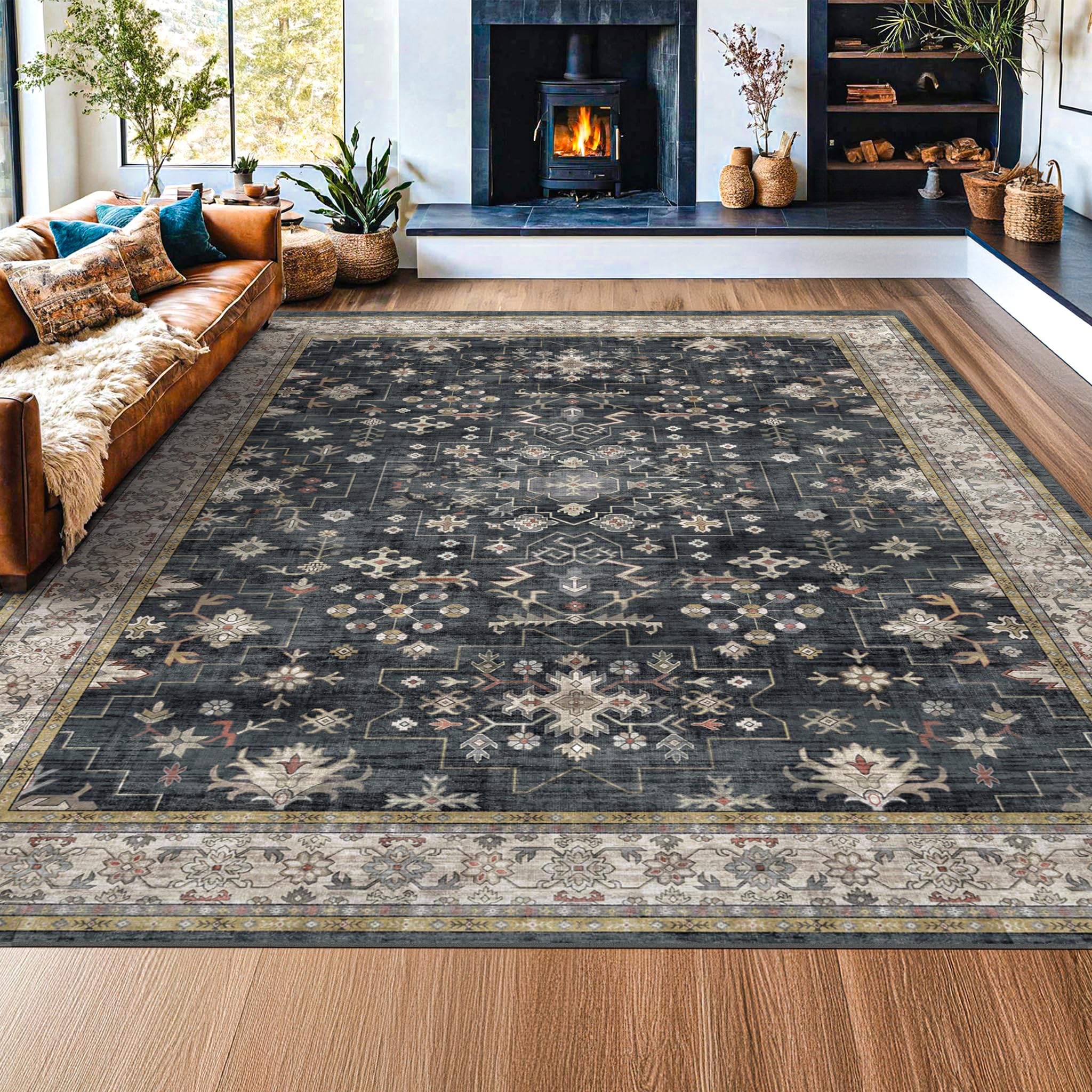 Black Farmhouse Washable 8x10 Area Rugs for Living Room, Bedroom, Dining Room