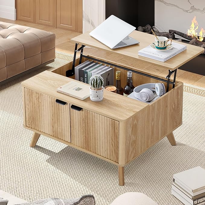 Wooden Fluted Lift Top Coffee Table with Hidden Compartment, Modern Rectangle Center