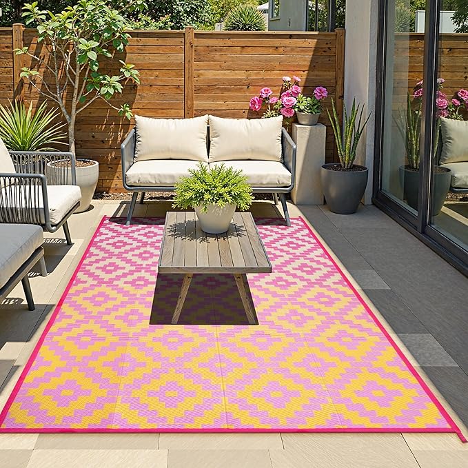 Ombre Outdoor Area Rugs 8x10 Waterproof, Reversible Plastic Straw Outside Rug
