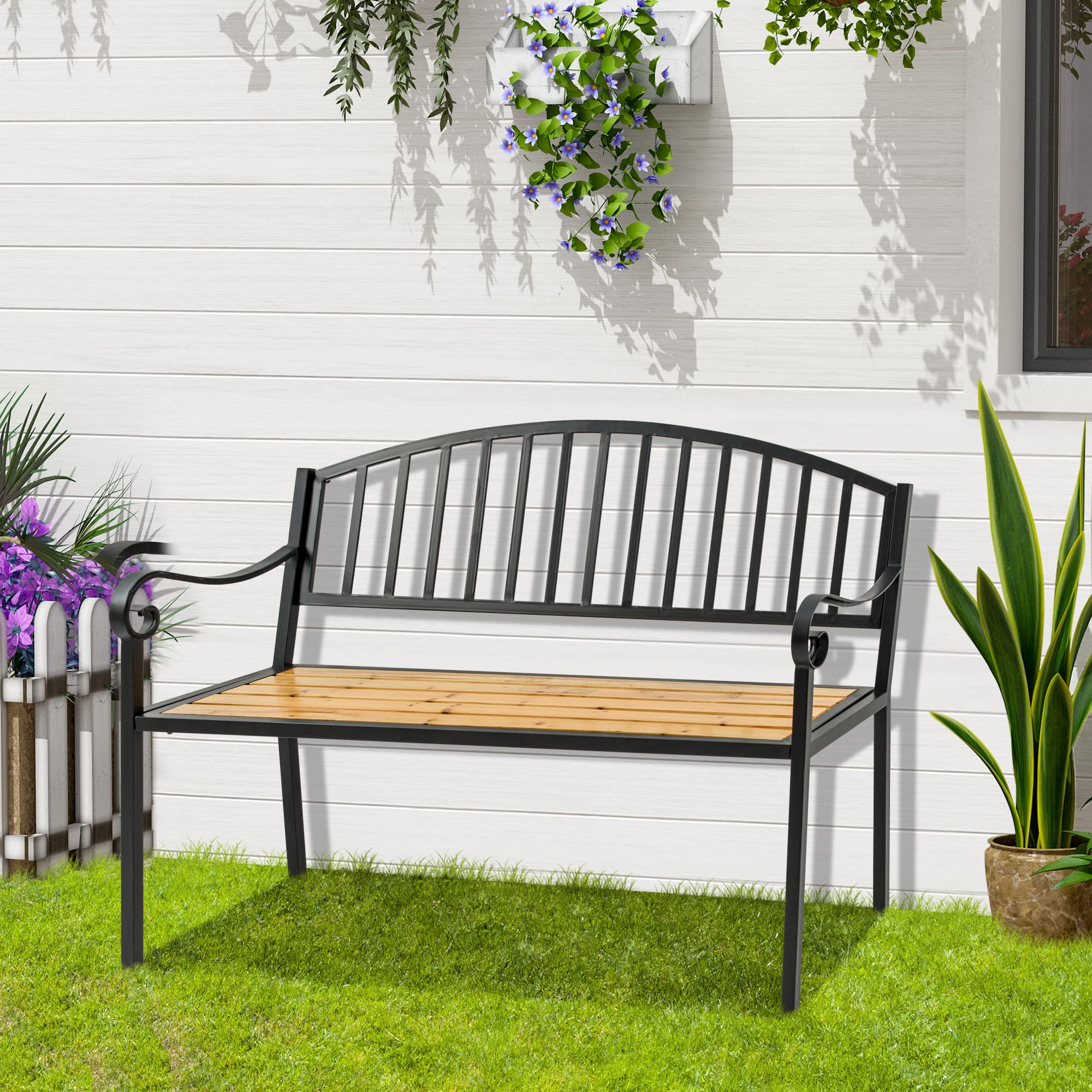 50" Garden Bench, Patio Loveseat with Antique Backrest, Benches