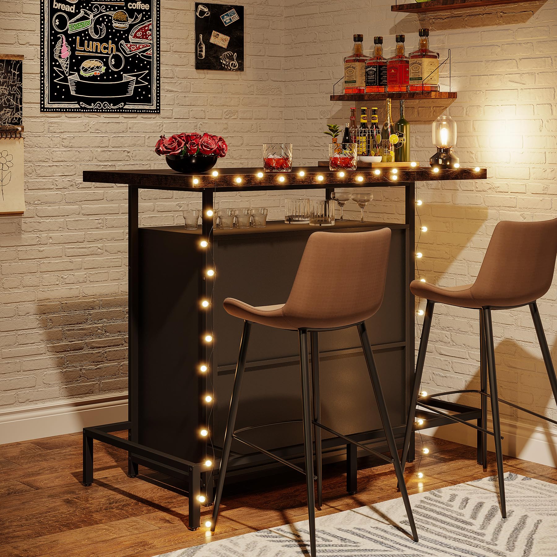 Industrial Home Bar Unit, 3-Tier Liquor Bar Table with 4 Stemware Racks
