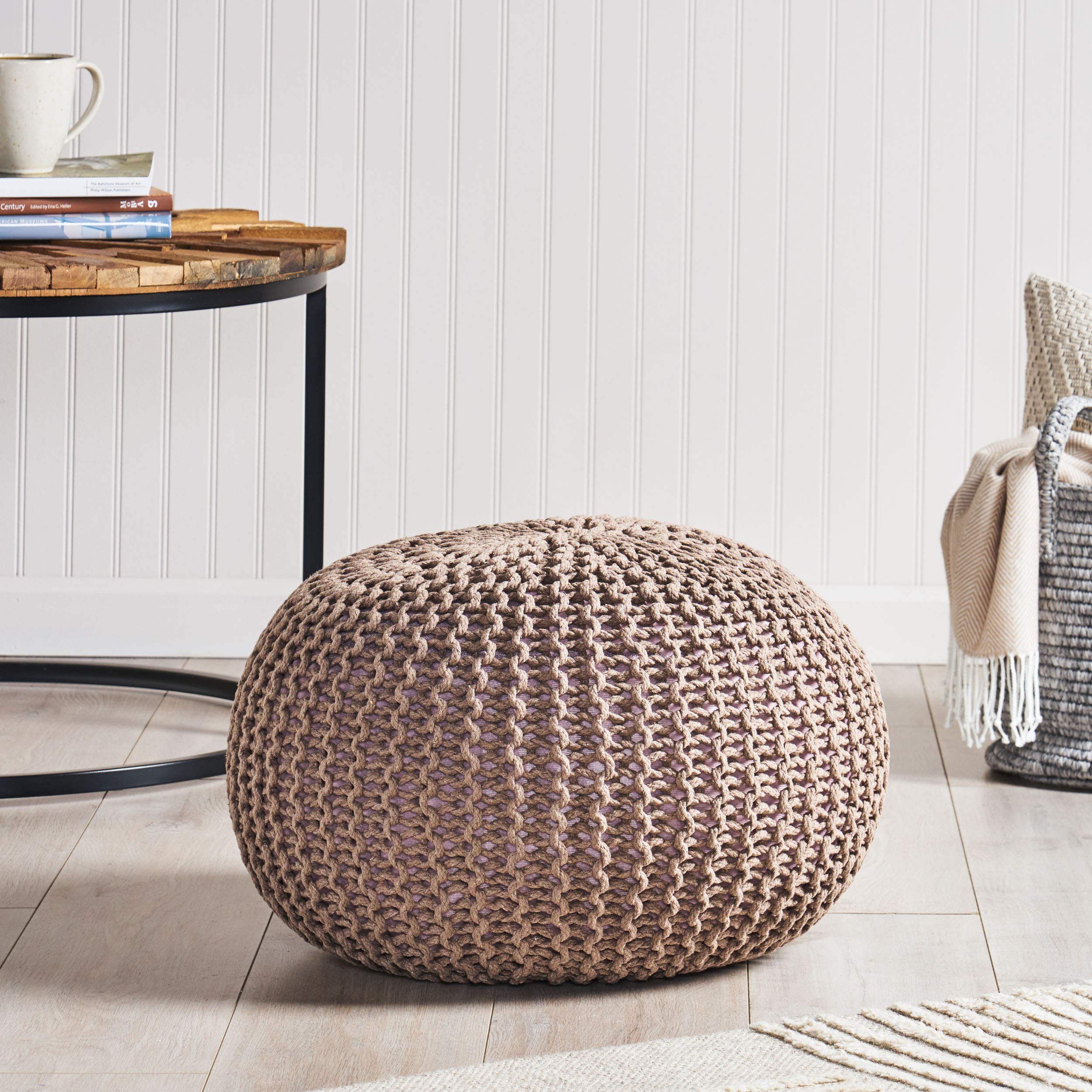 Nahunta Knitted Round Pouf - Cotton - Brown,Ottomans and Poufs