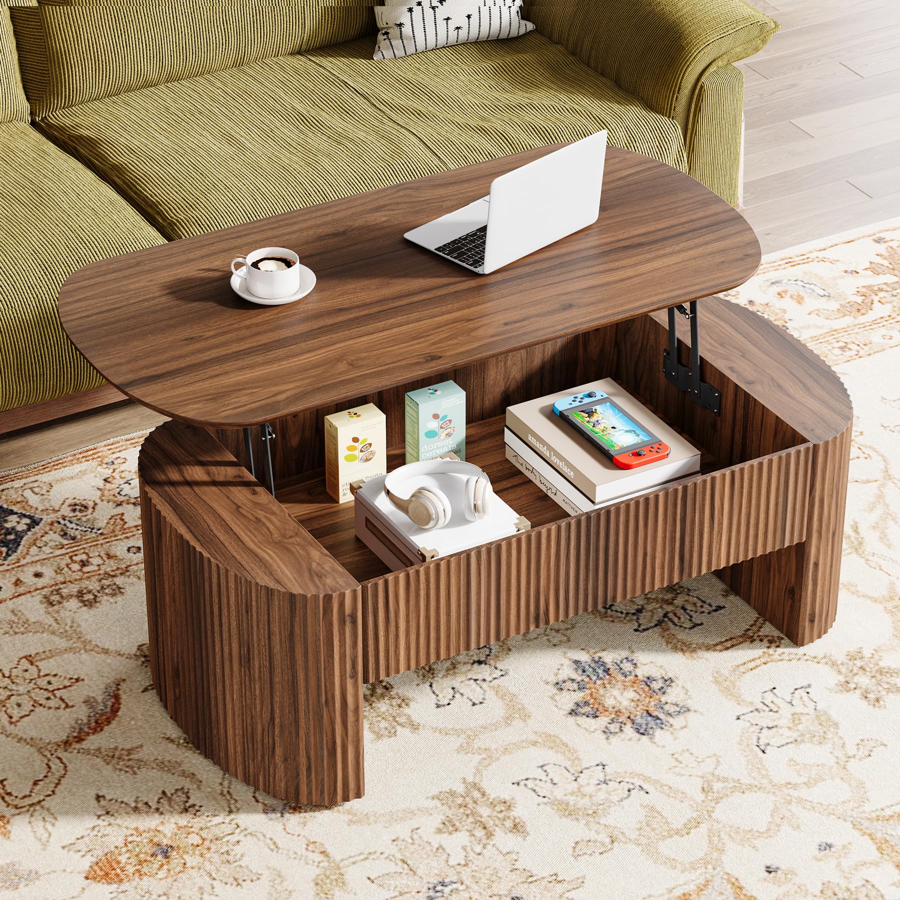 47-Inch Oval Lift Top Coffee Table with Storage Shelf for Living Room, Rustic Lift Up