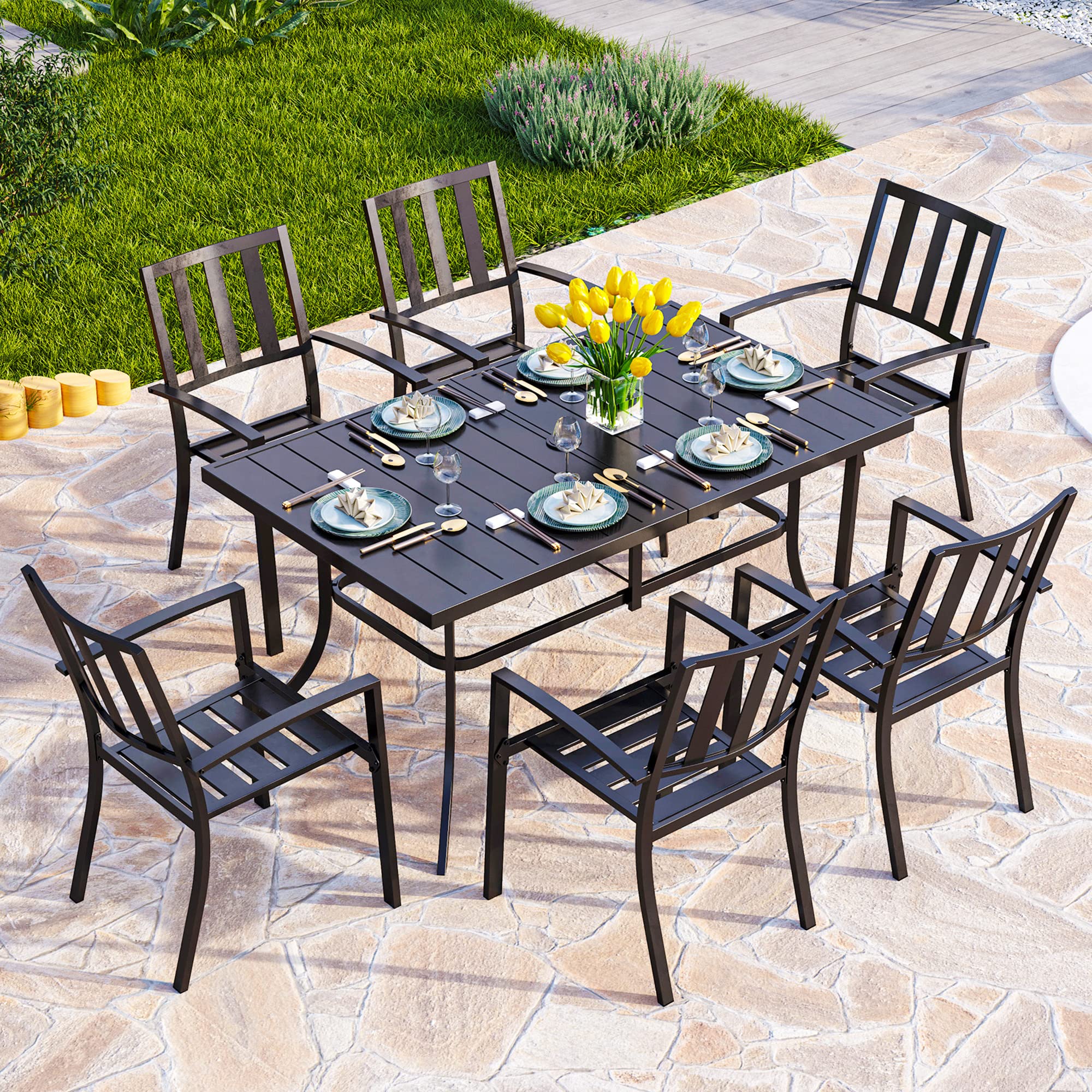 6-Person Outdoor Metal Steel Slat Dining Rectangle Table with Adjustable Umbrella Hole