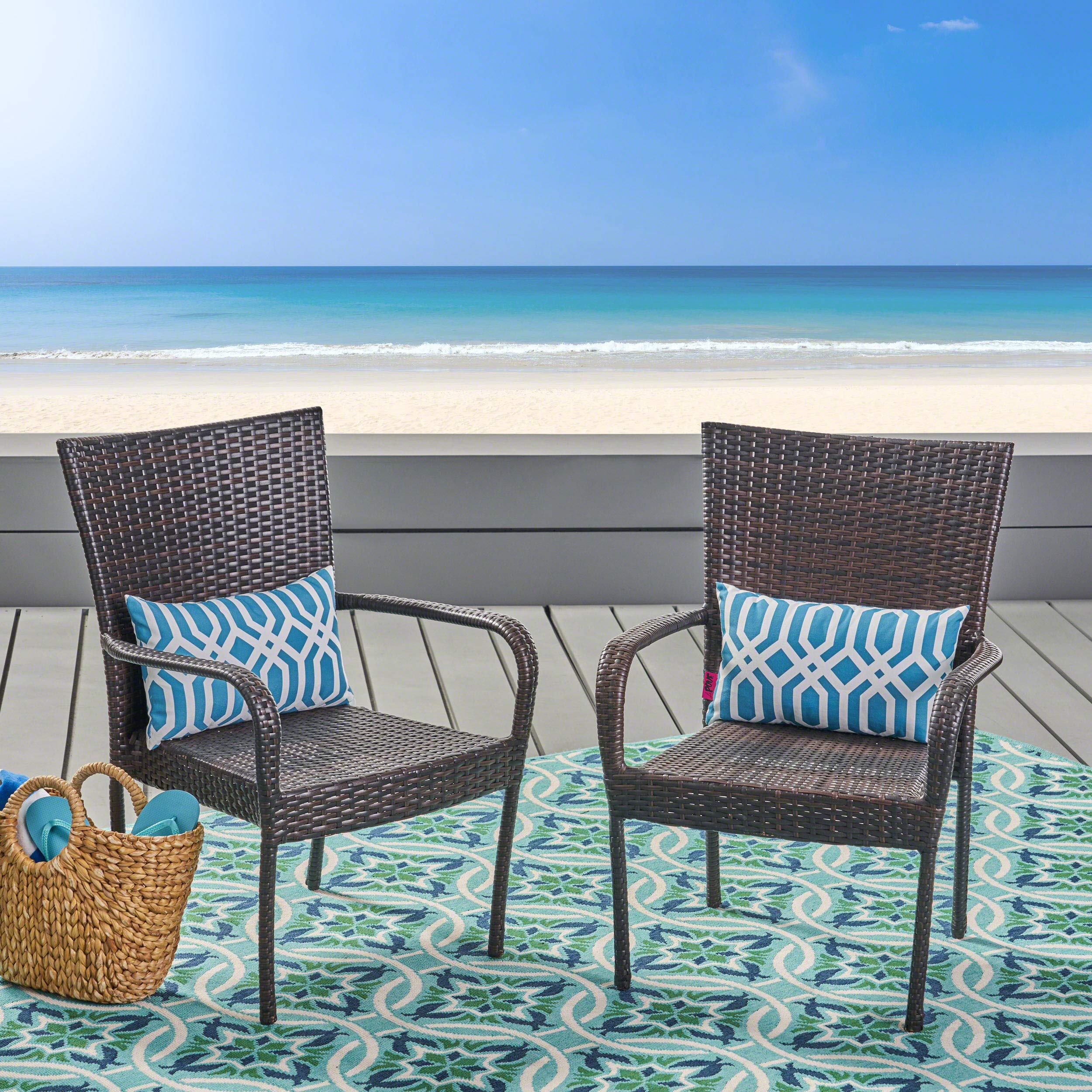 Set of 2 Stackable Outdoor Brown Wicker Dining Chairs