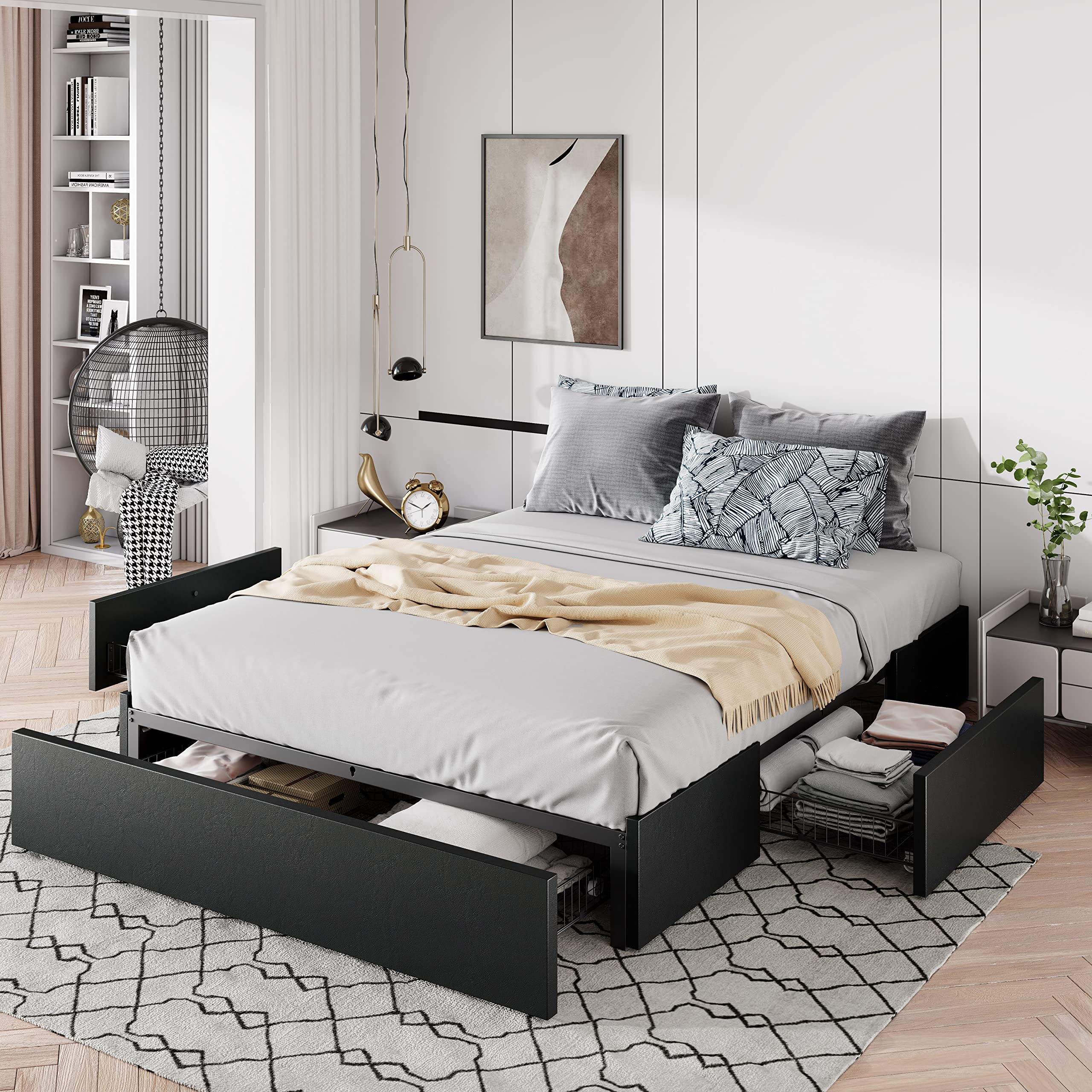Queen Size Platform Bed Frame with 3 Storage Drawers
