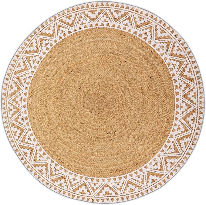 Premium Quality Jute Braided Area Rug, 5-feet Round, White Printed Border
