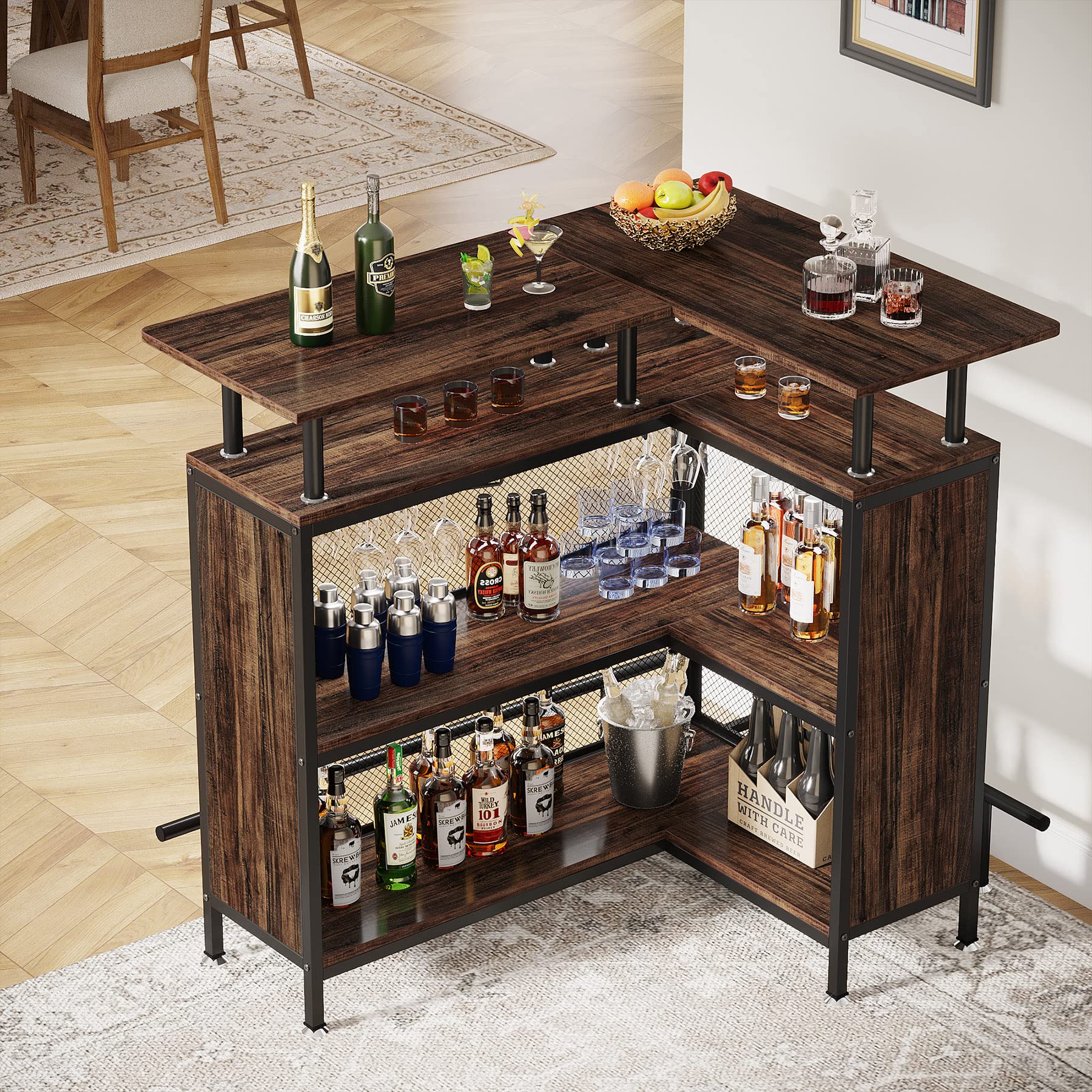 Home Bar Unit, L-Shaped Bar Table with Stemware Racks and 2-Tier Shelves