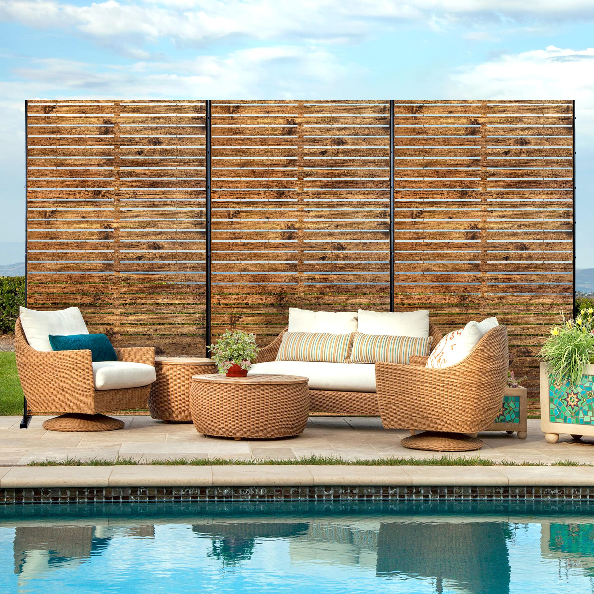 Metal Privacy Screen Outdoor 72" H×47" W Natural Wood Brown Patio Privacy Screen
