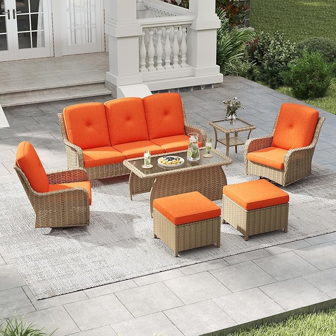 7 Pieces Wicker Patio Furniture Set, Outdoor Swivel Rocking Chair