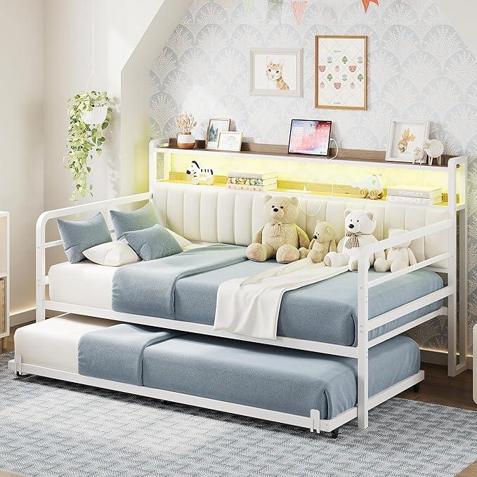 Daybed with Trundle, LED Lights and Charging Station, Twin Size Daybed