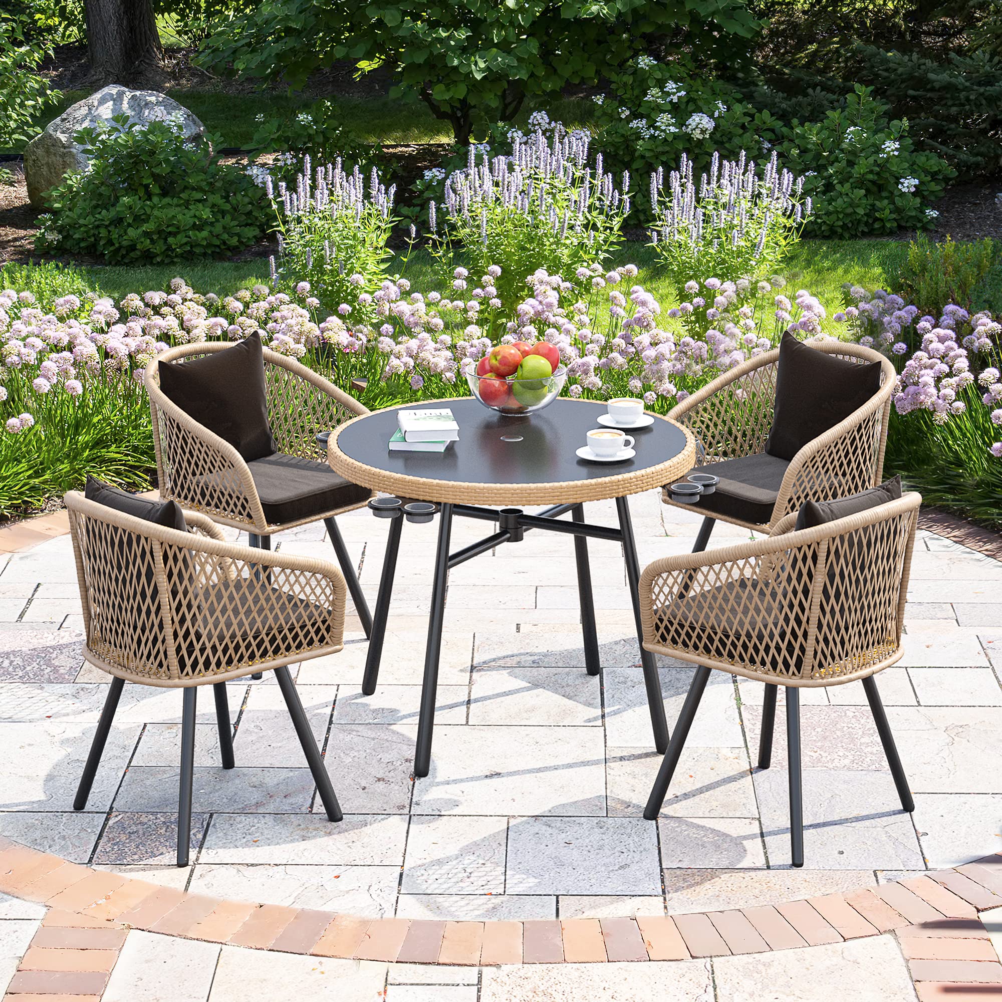 5-Piece Outdoor Dining Set with Umbralle Hole, Rattan Patio Dinging Set